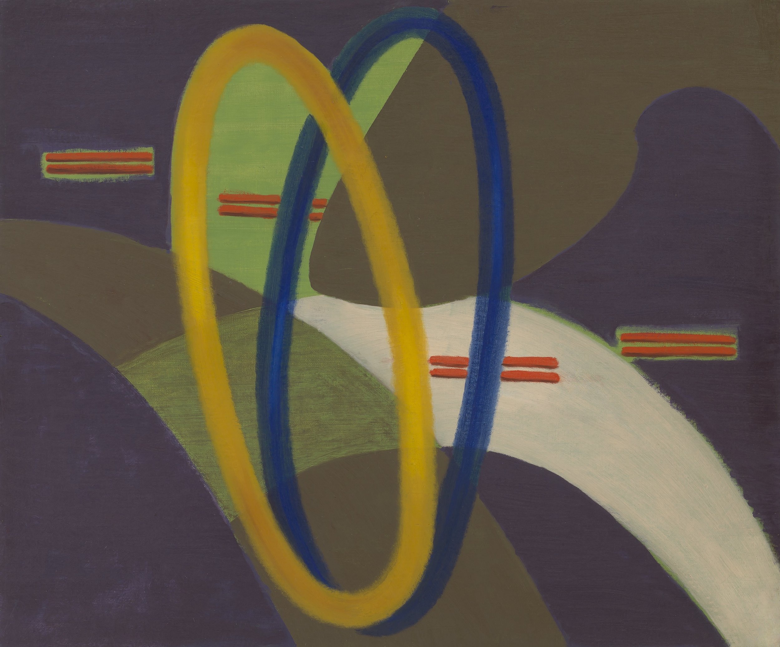 Abstraction of overlapping yellow and blue rings among pairs of orange-red dashes on a brown, eggplant, green, and white background.