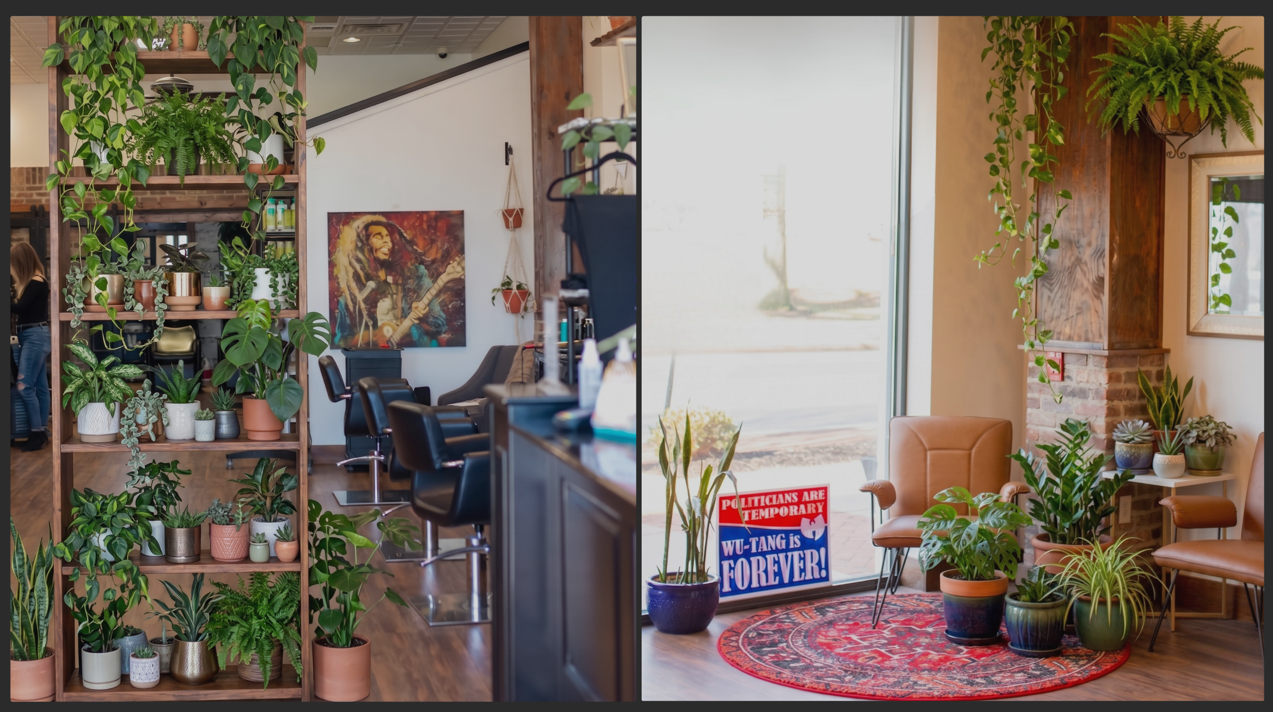 Lancaster PA hair salon store front with bright windows and plants