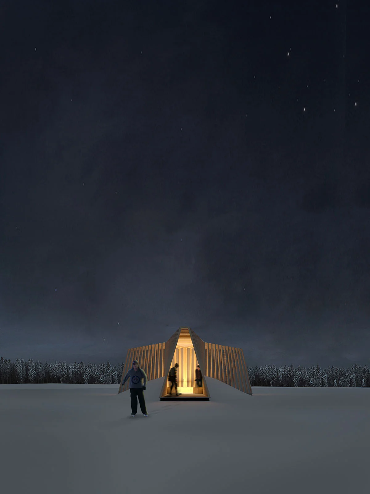  The frozen confluence of the Red and the Assinboine Rivers in Winnipeg is one of Canada's most dynamic public spaces. The site is created by an act of nature and alive for only a season.  The form of the warming hut recalls the indigenous structures