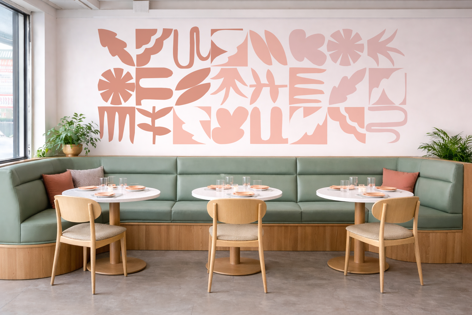 A cozy cafe dining nook with a curved green banquette, three round marble tables set with plates and glasses, and three wooden chairs. The wall behind features a pink abstract botanical mural, with a large potted plant in the corner near a window.