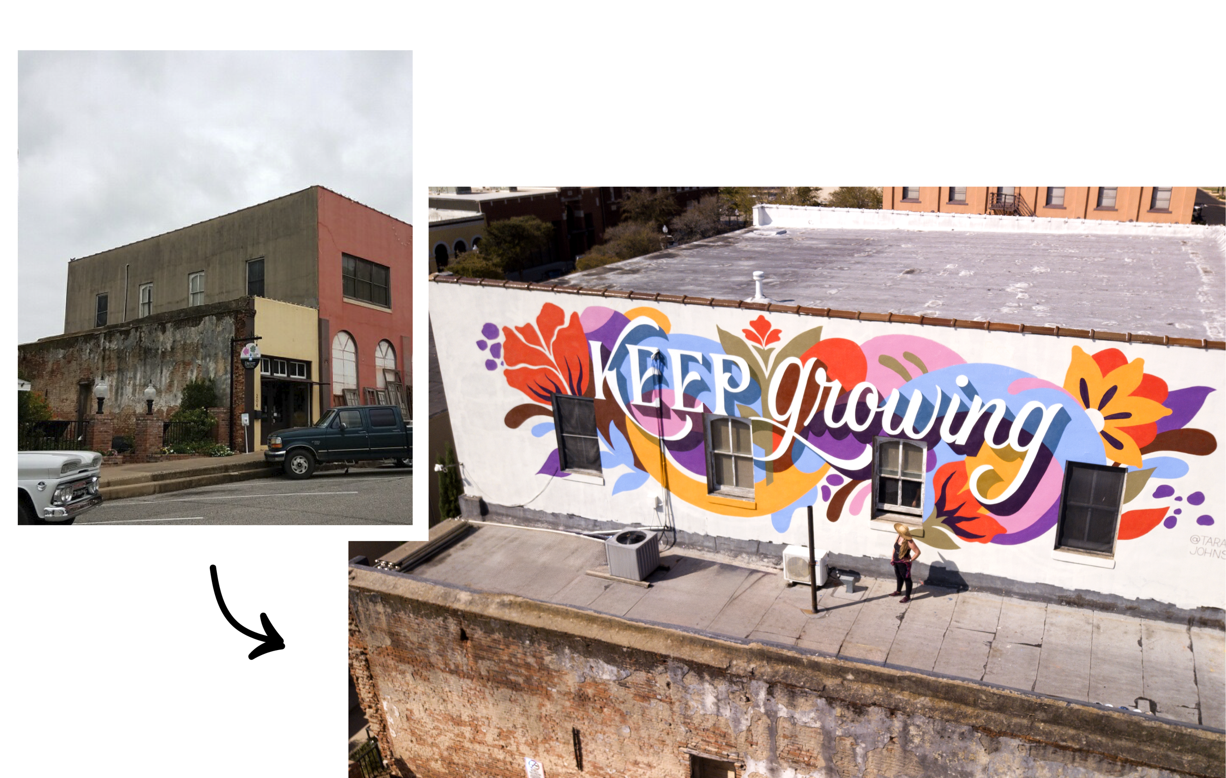 Before & After comparison of the exterior of a dull building in a small downtown next to the wall fully transformed with a colorful mural. The mural features a bold floral design with the phrase "Keep Growing".