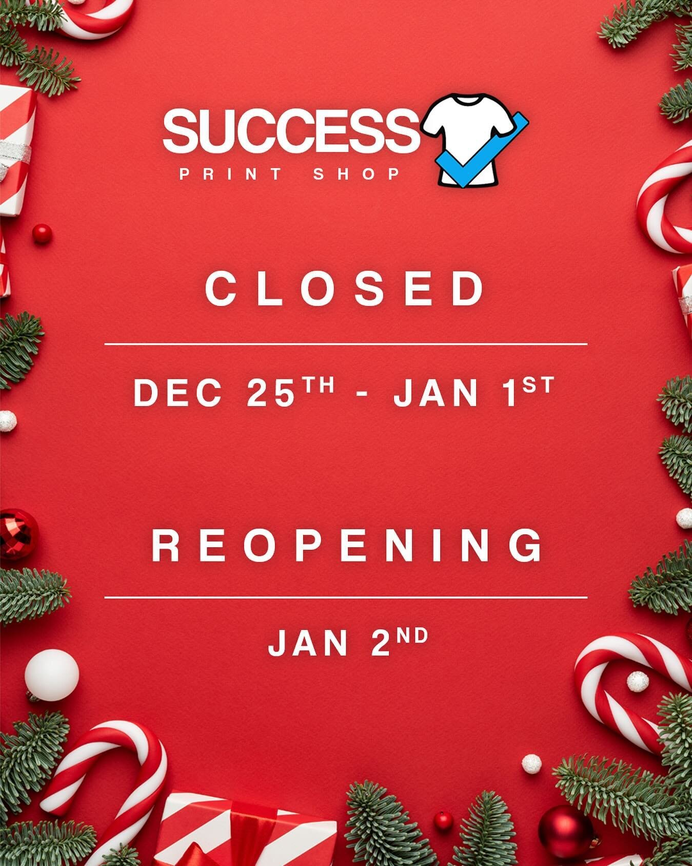 Huge thank you to all of our customers making 2023 a very 𝙎𝙪𝙘𝙘𝙚𝙨𝙨-𝙛𝙪𝙡 year! Success Print Shop will be closed the last week of the year and we look forward to serving you in 2024! Merry Christmas🙏