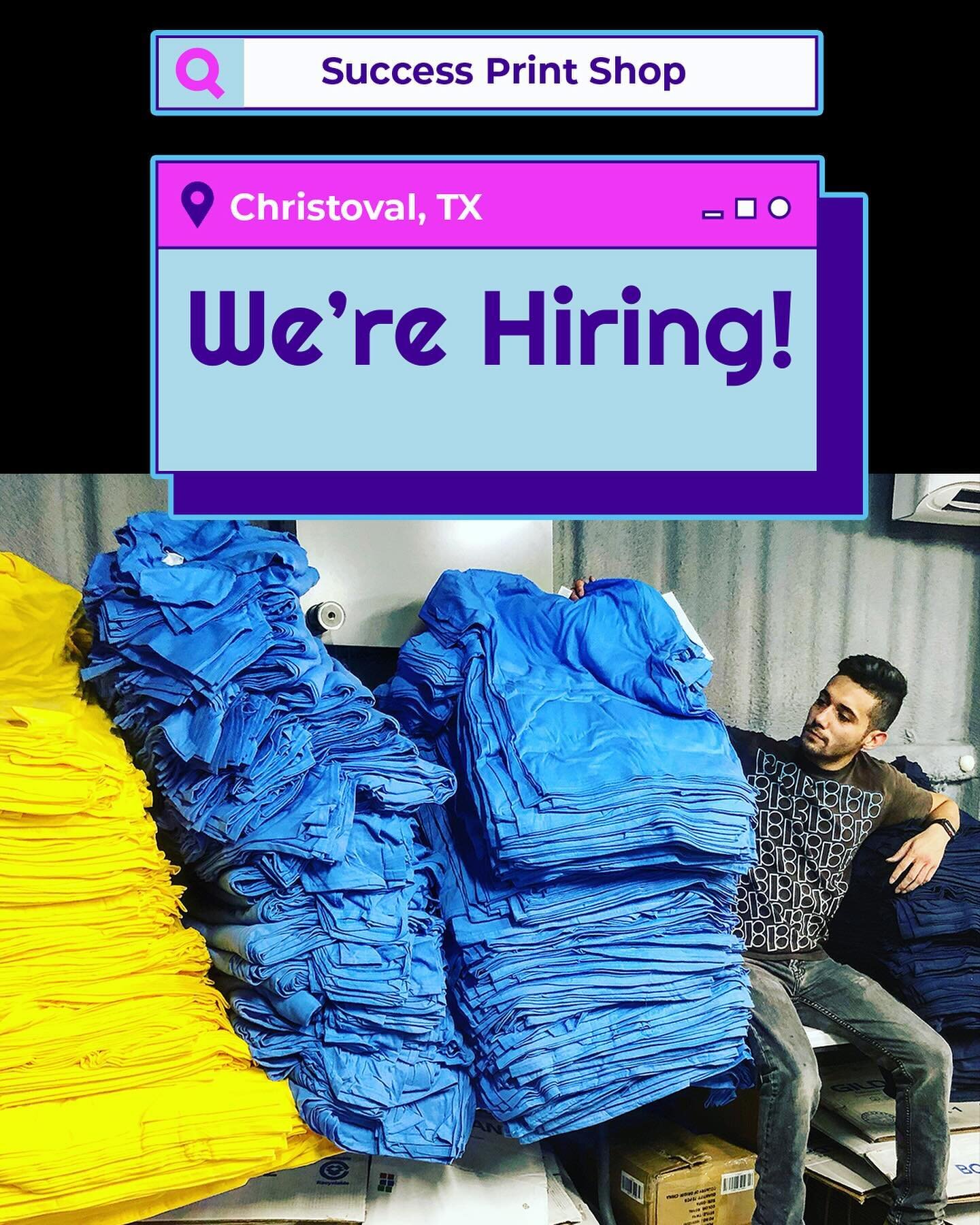 Success Print Shop, located in Christoval, TX  is on the lookout for a detail-oriented go-getter who can help take us to the next level by assisting our current production team! 

Responsibilities:
👕Organize shirt styles, colors, and sizes for flawl