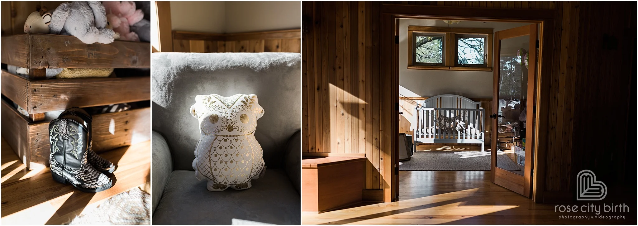 Owl, boots and view of nursery for maternity photos in Camas Washington and Portland Oregon.