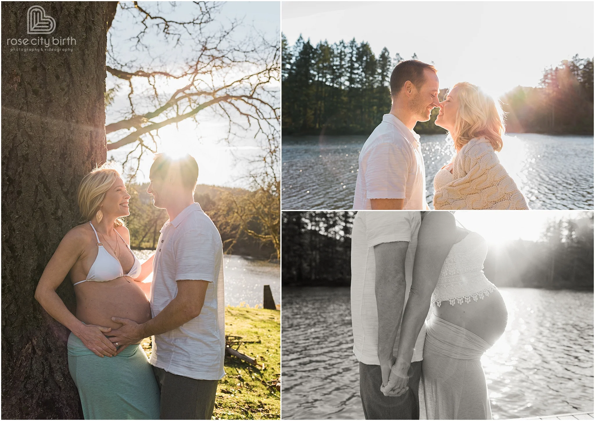 Couple posing for maternity photos in front of a tree and on a dock in front of a lake in the summer.