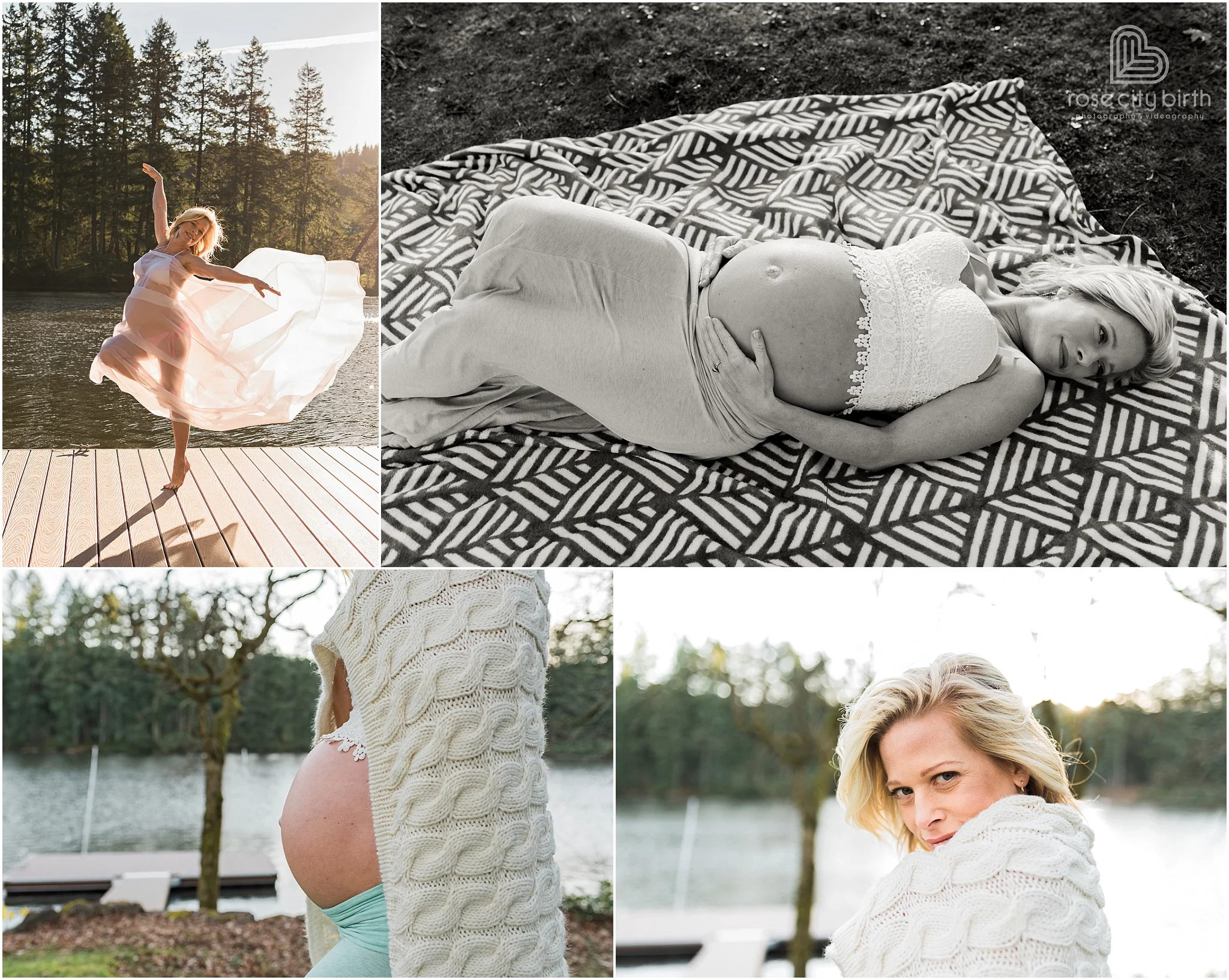 Pregnant woman posing for maternity photos in front of a lake and on a dock in a dance pose in Camas Washington.