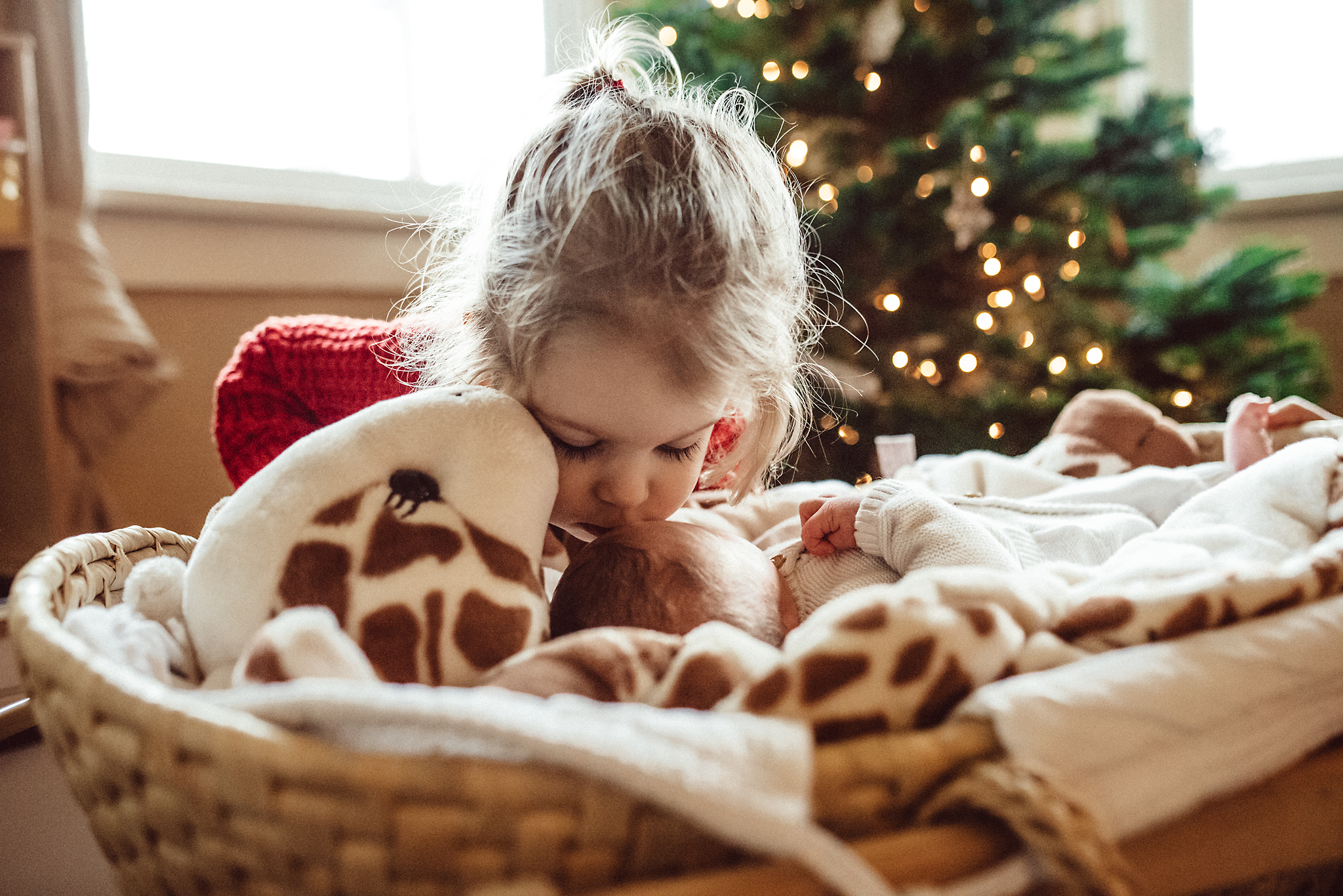 Big sister kisses newborn baby in Portland Oregon