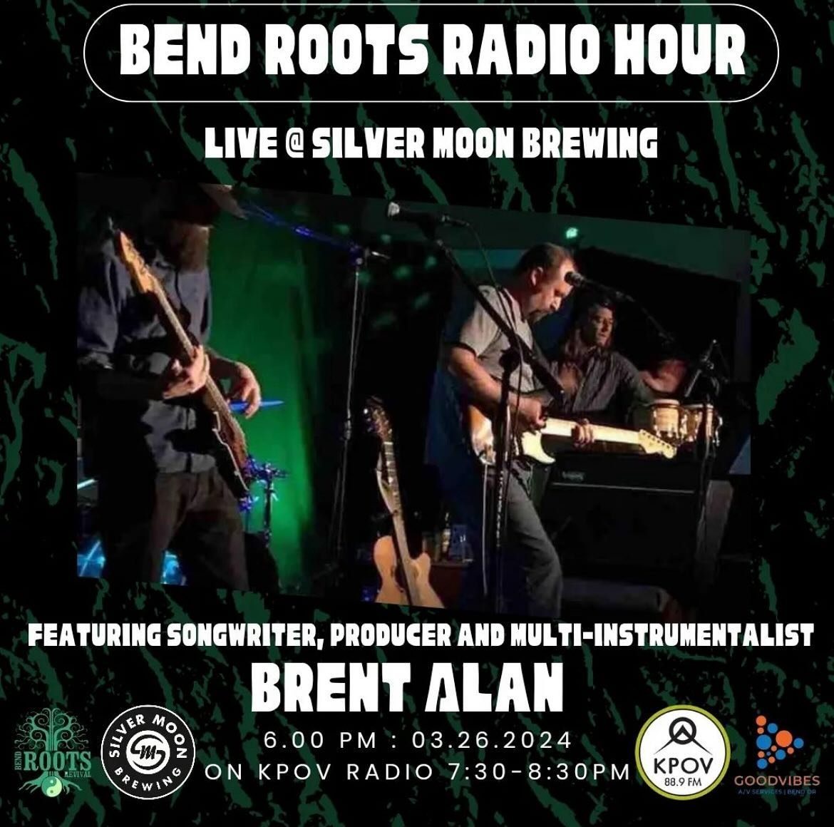 Tonight! Dont miss @bend_roots_revival Bend Roots Radio Hour featuring Brent Allen. The show starts at 6pm at @silvermoonbrewing and will be broadcasted on KPOV at 7:30! Shoutout @goodvibesstudios_bend for helping put on the event!