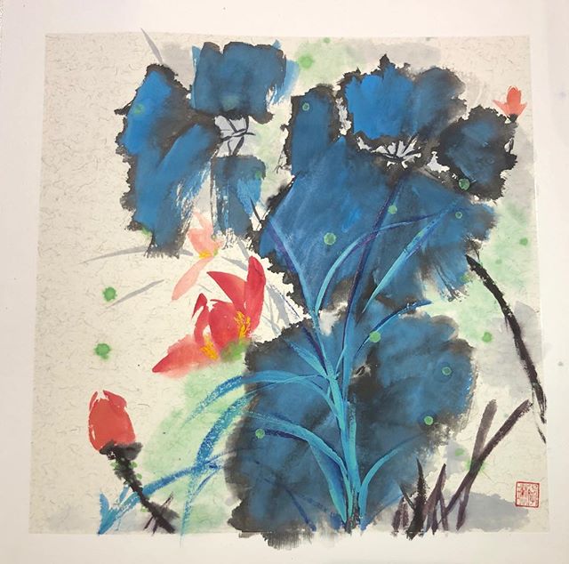 &ldquo;Water Lily&rdquo; by Lynn Li, 15 inches by 15 inches, Chinese colors and ink on Xuan paper.