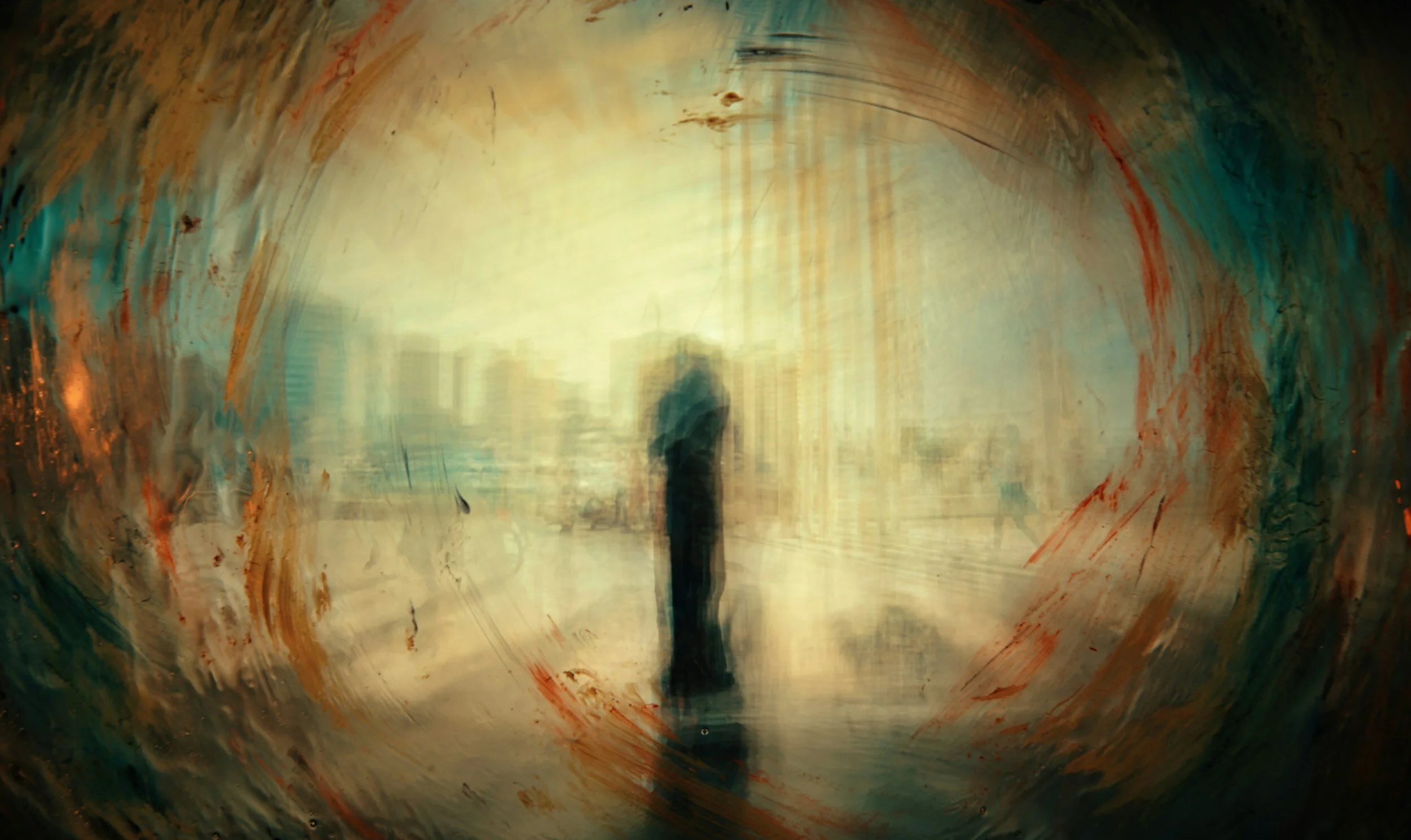Blurred image of a person standing near a waterfront, seen through a window with colorful, swirling paint streaks.