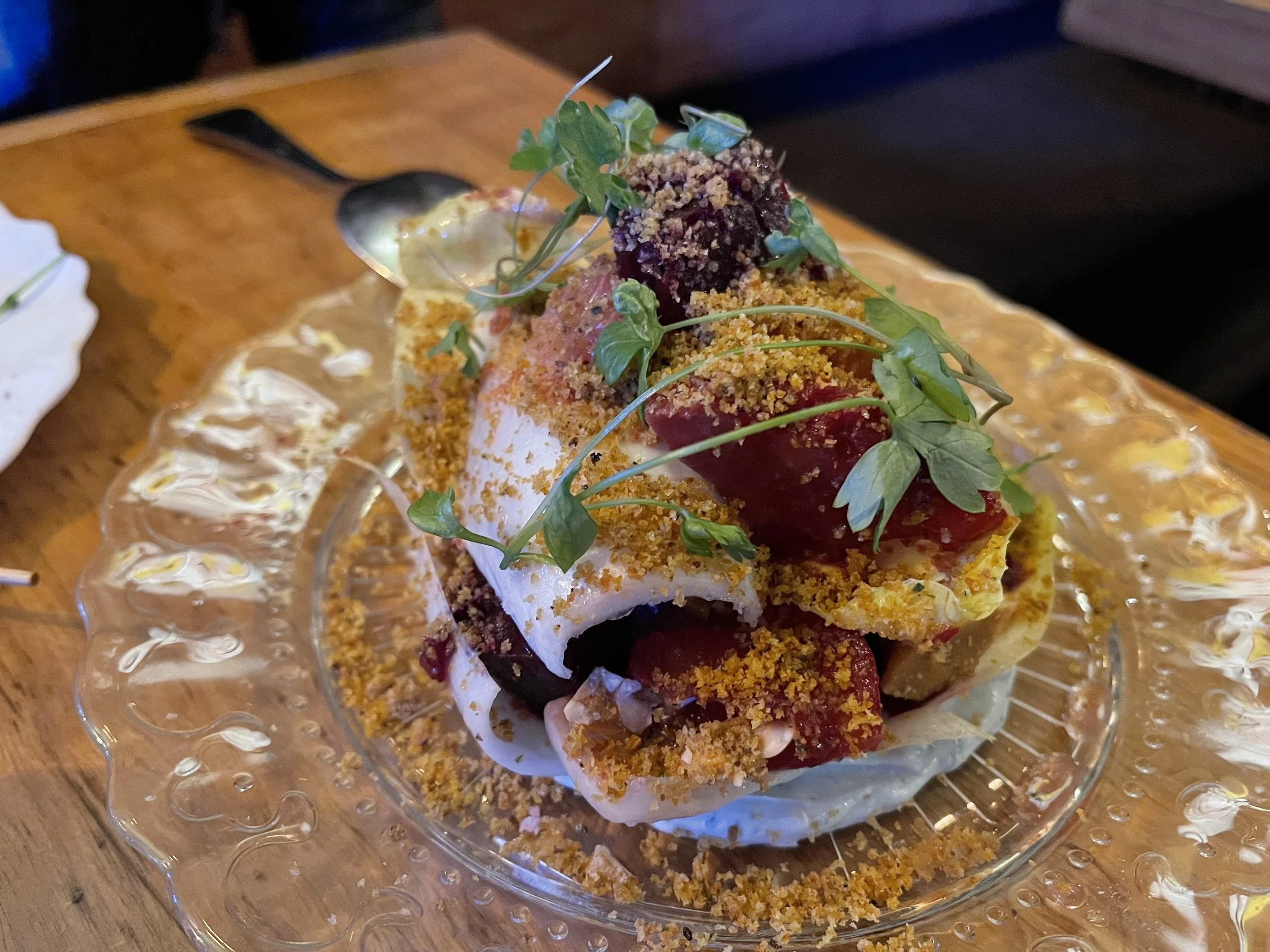 For one seeking a wonderful, vegan plate, well, the Ensalada de Remolacha was a great choice. This dish is composed of smoked beets, Spanish peanut brittle, whipped valdeon cheese, endive, and breadcrumbs. Yum. Image Courtesy: Dan Meyers