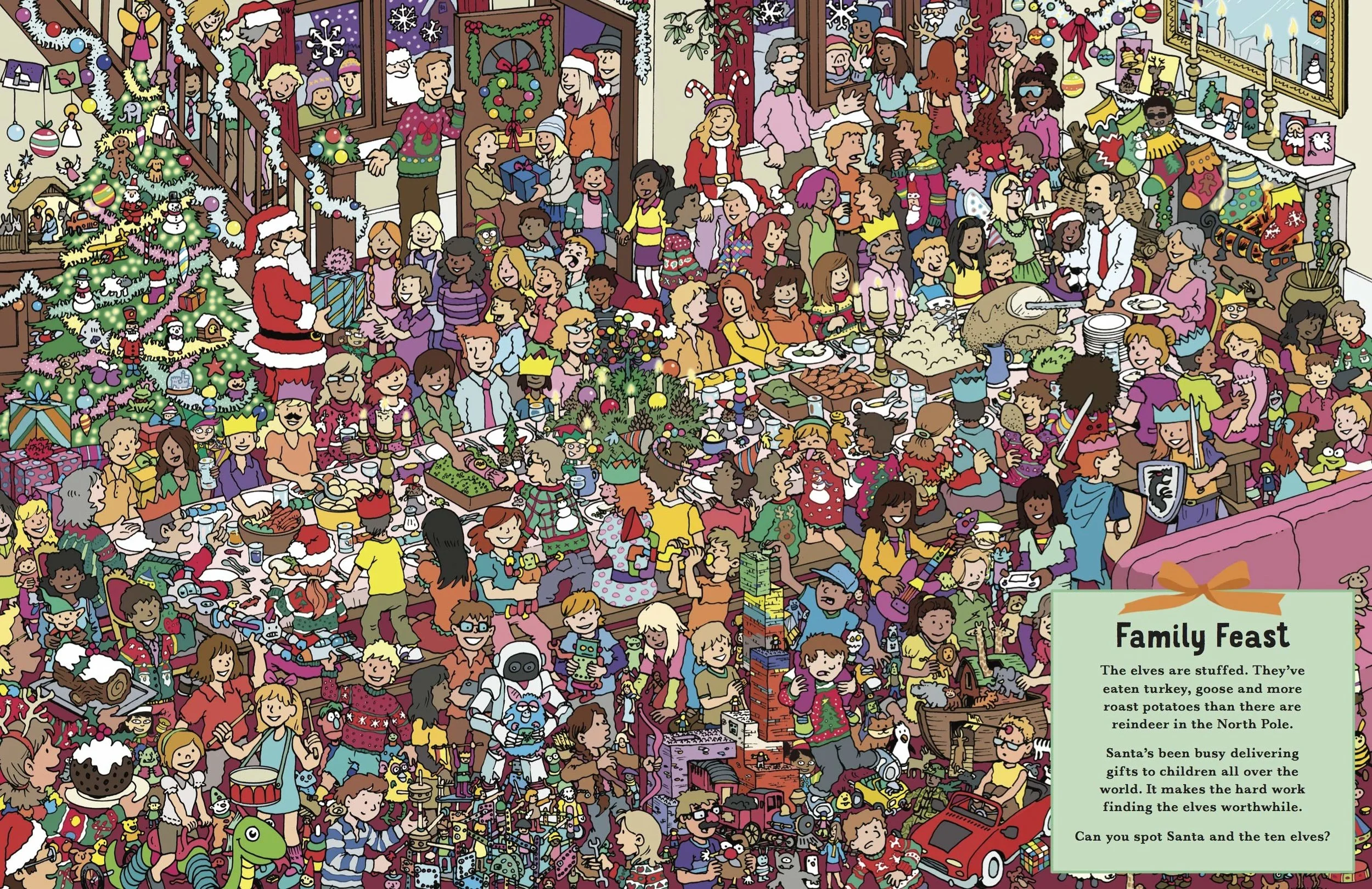 Giant family feasts around the holidays are common indeed. Can you find Santa and his ten elves at this big shindig? Image Courtesy: HowStuffWorks.com