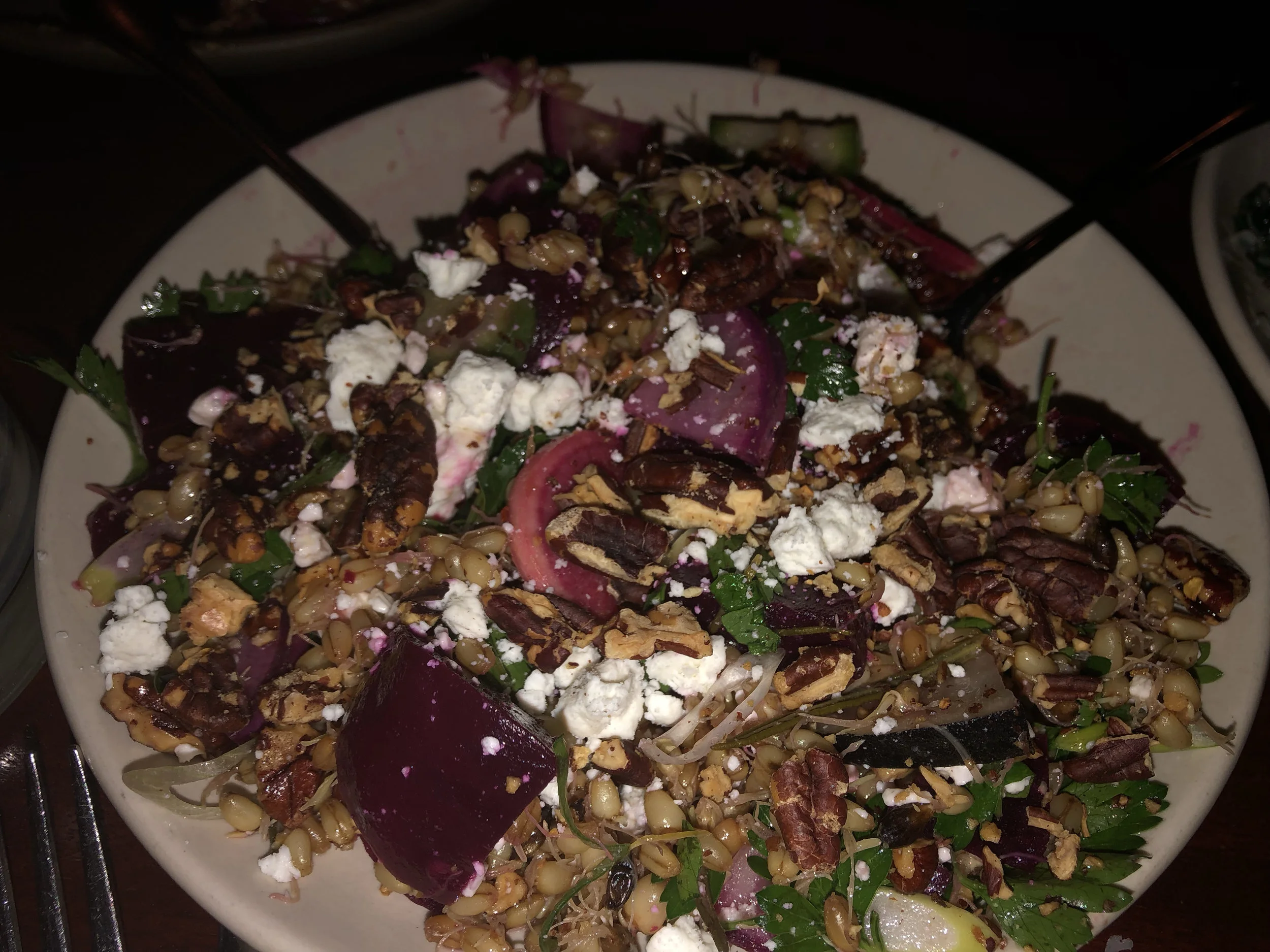  The second appetizer we had in the run-up to our entrees was this truly unique and savory salad. Listed under Gardina as: Beets, Barley, Winter Radishes, Feta, Pecans…this salad went very well with the garlic bread. Image Courtesy: Dan Meyers 