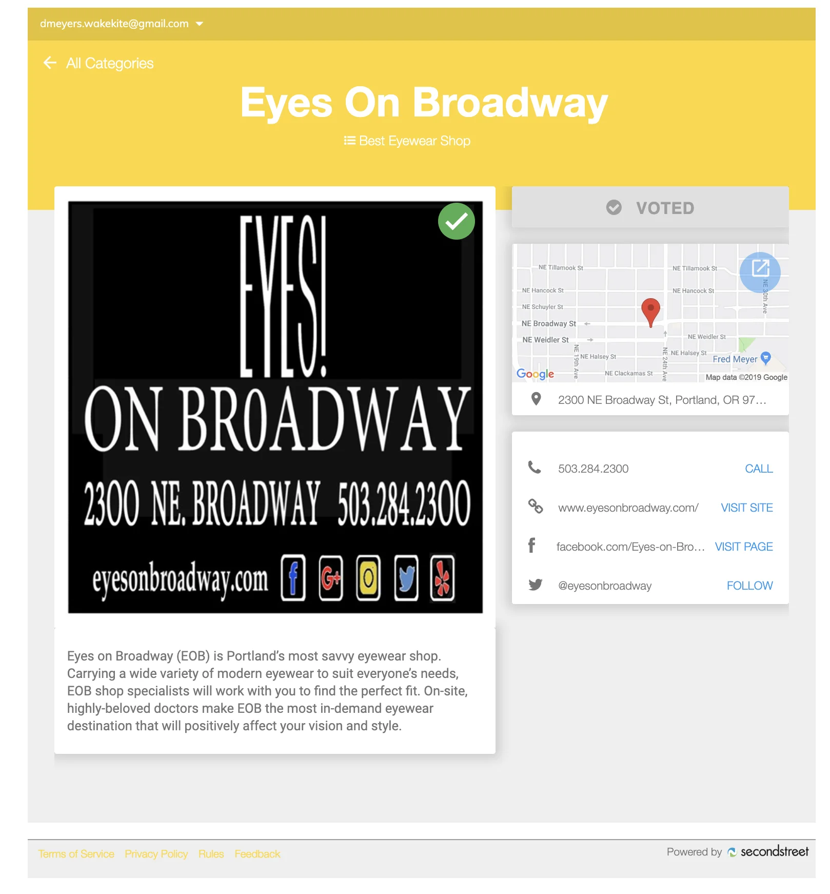  You will see this voting page when you click the above or below VOTE HERE button. The green check mark shows that I already voted for  Eyes on Broadway . Image Courtesy: Willamette Weekly’s website 