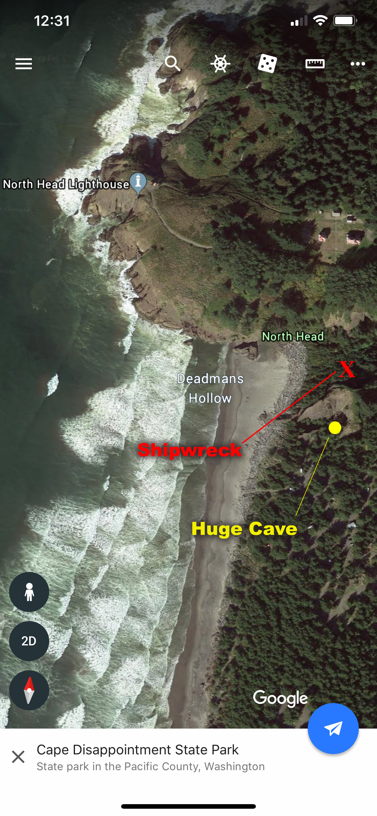 Here is a real-life treasure map (of sorts). A real shipwreck lies hidden in the woods above Deadman’s Hollow at Cape Disappointment. There are also several caves, including one you could fit a semi into! Image Courtesy: Google Earth (and labeled in Photoshop by Dan Meyers)