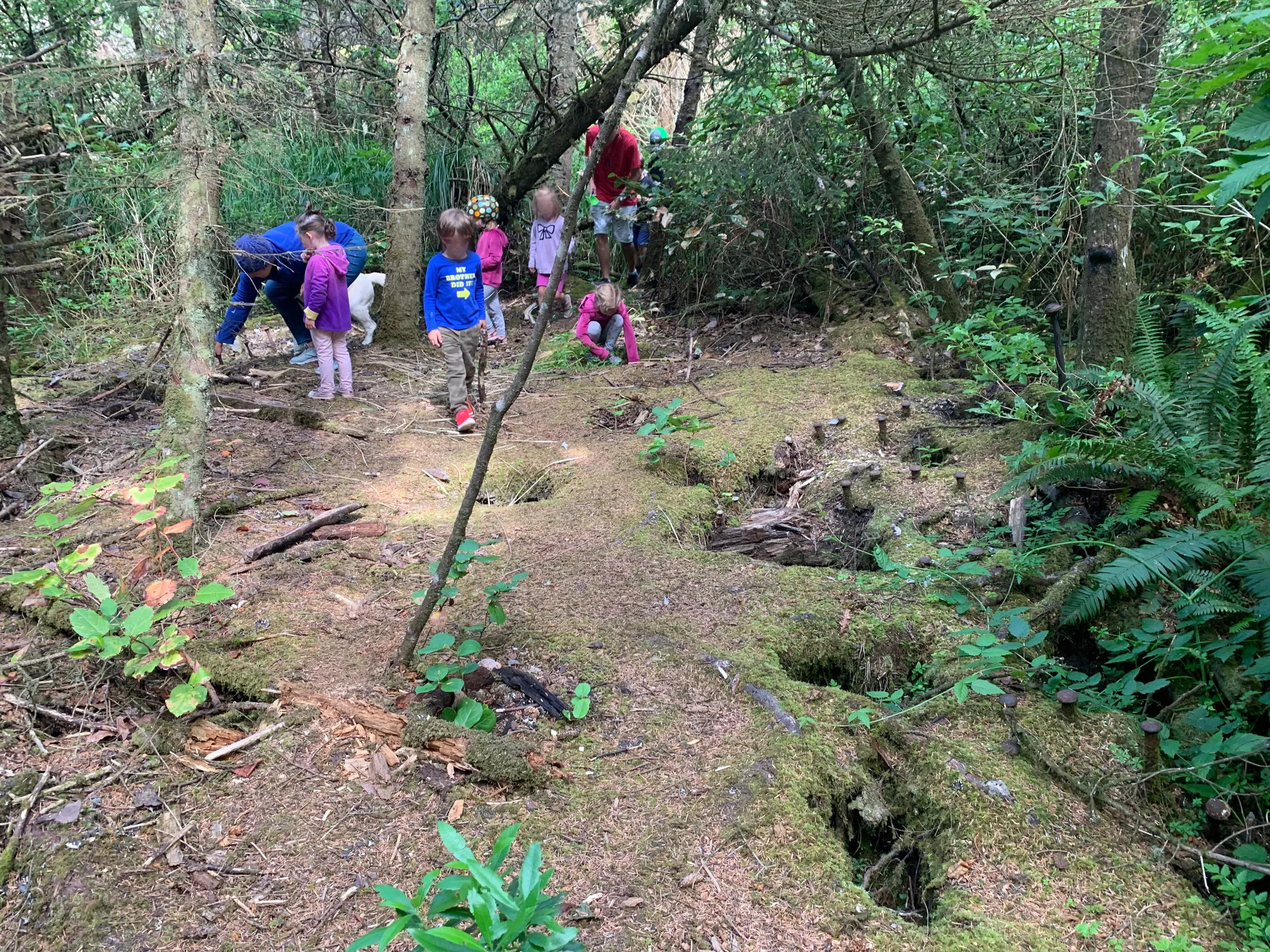  Here is a wider view of the shipwreck area. I’ve obscured some of the kids’ faces here for privacy reasons. That said, our whole crew was floored by this discovery and the vastness of it all. It had to have been a truly magnificent storm to push this wreck up so high into the woods! Image Courtesy: Dan Meyers 