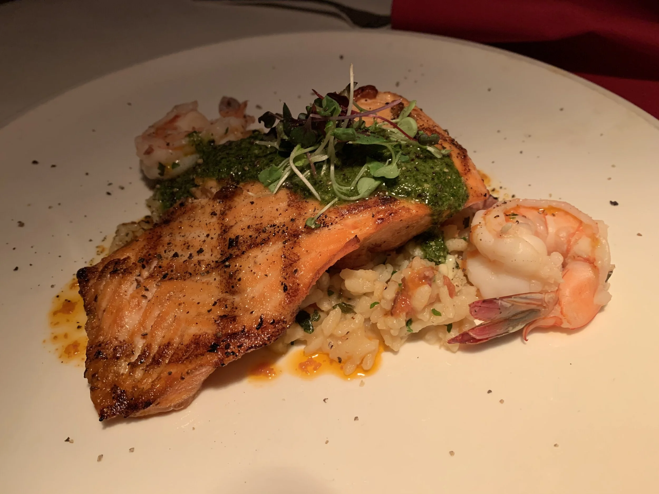  This dish (my wife’s) was equally incredible. It was the special that night, “Salmon Diablo over Risotto.” So good. Image Courtesy: Dan Meyers 