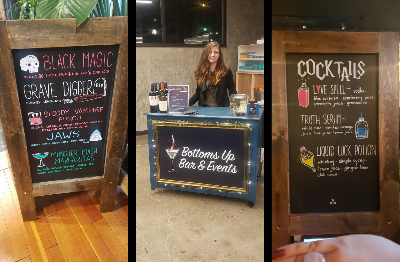  I can’t say enough about the staff of Bottoms Up. Excellent, professional service, yet very personal at the same time. Here you can see the 1960’s dresser fashioned into a bar top that they serve from, along with some chalk menus done at events previous. So cool. Image Courtesy:  BottomsUpBarandEvents.com  