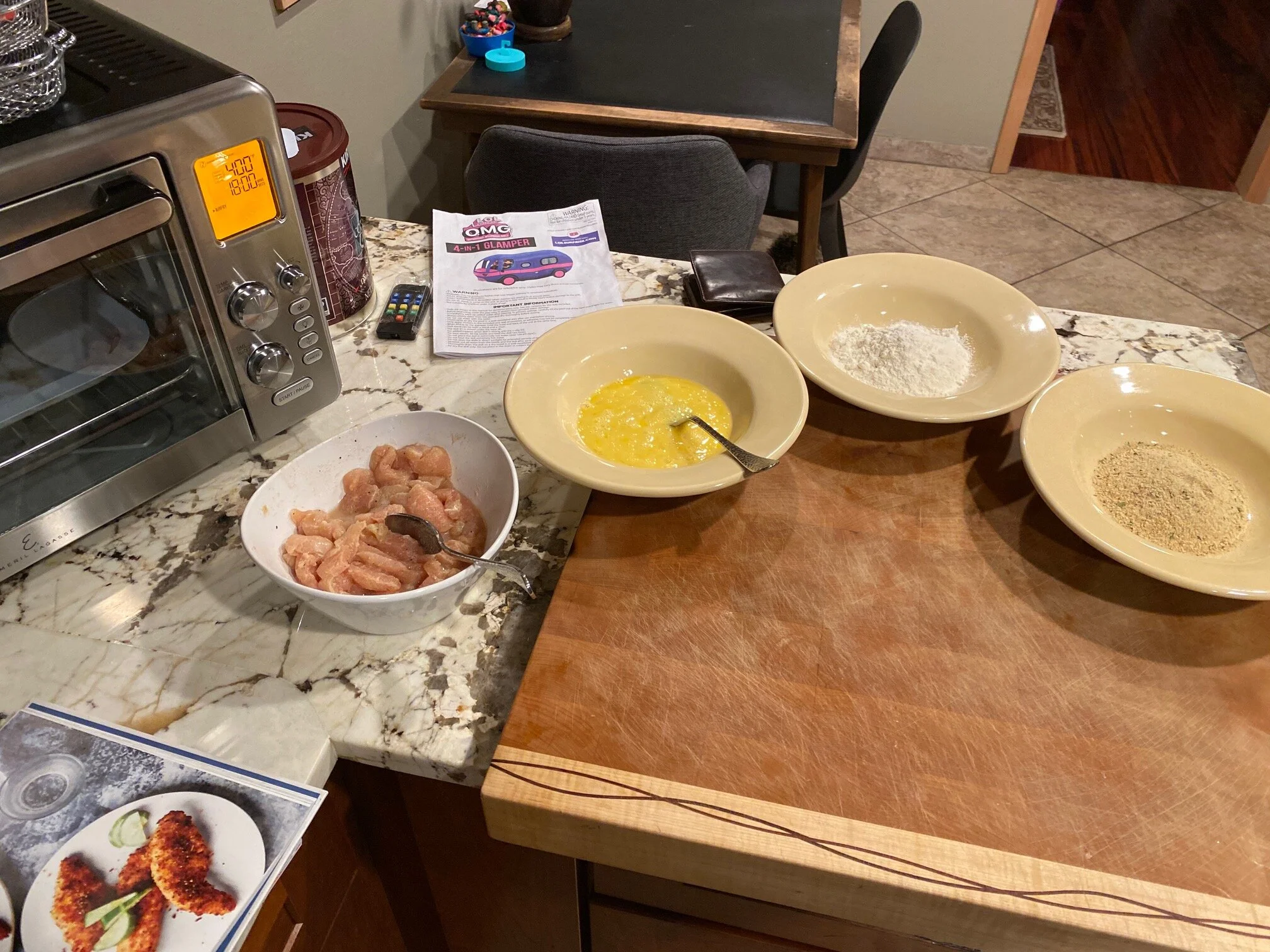 My Air-fried chicken prep station, before I figured out the advent of using 1-gallon-sized Ziplock bags! So much easier! Image Courtesy: Dan Meyers