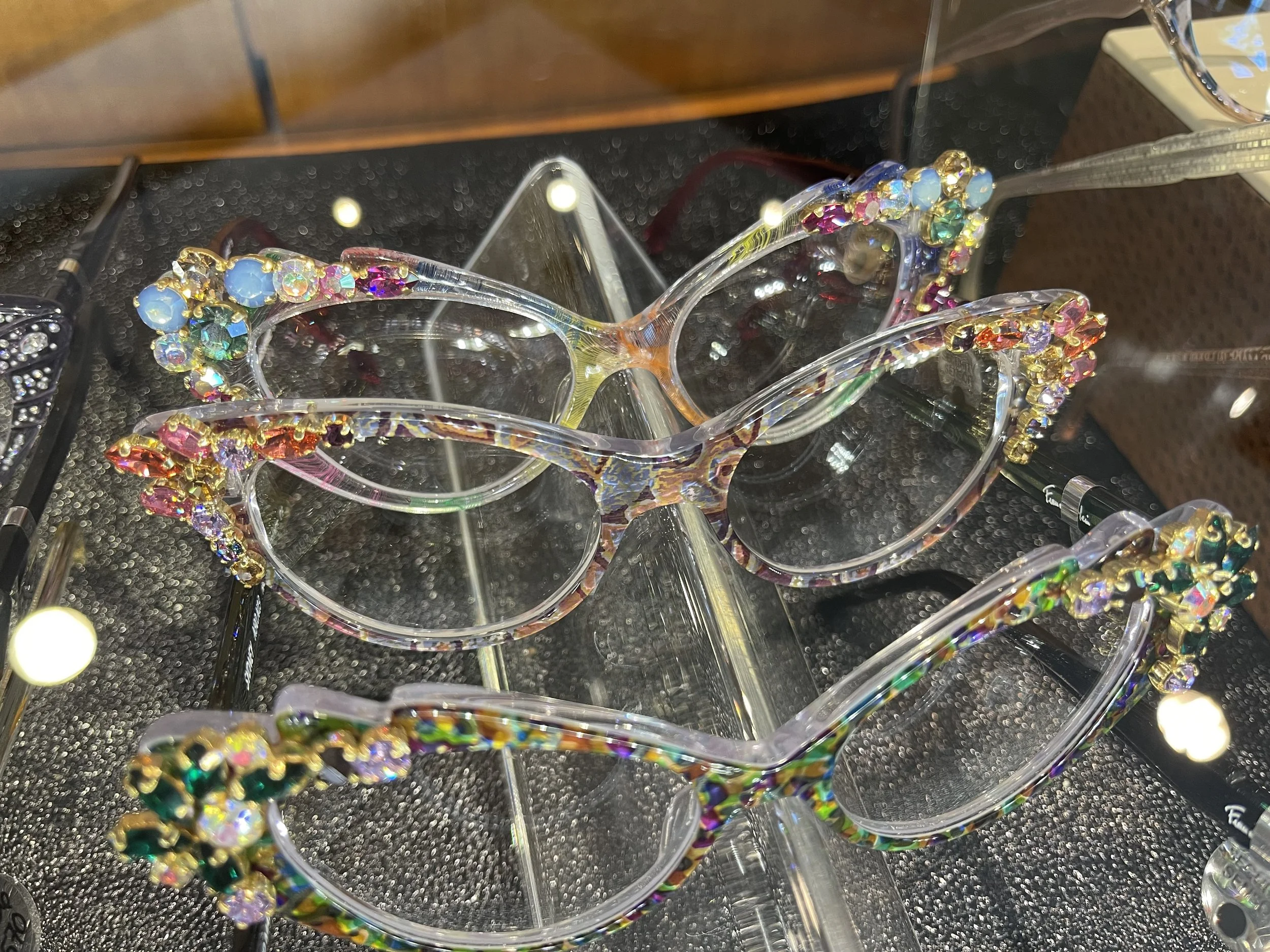  These modern, be-jeweled glasses on display at Eyes on Broadway’s Portland, Oregon shop show just how far things have progressed from the early glass globes filled with water! Image: Dan Meyers 