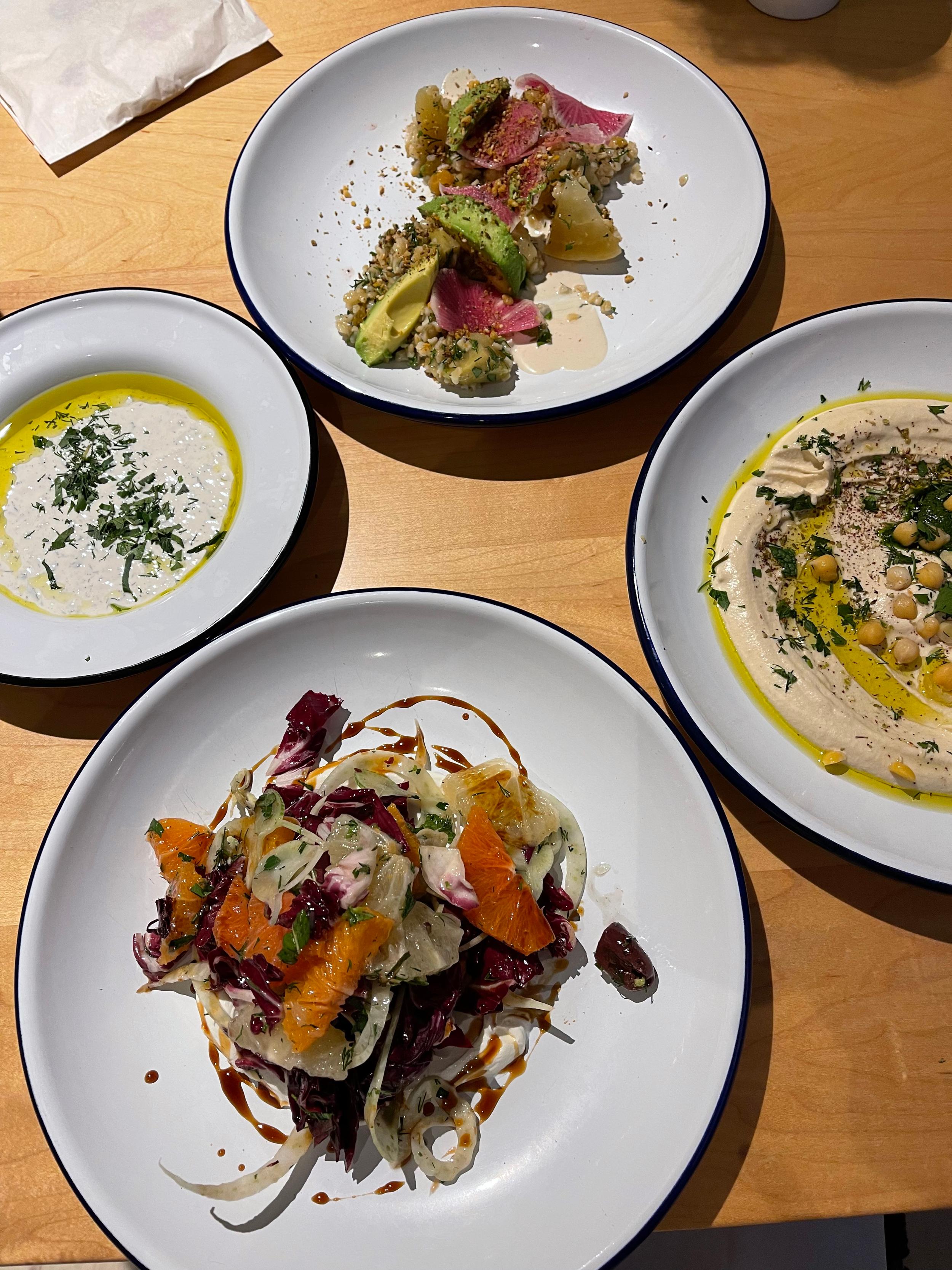 Just four of the seven plates we ordered. Pictured here are the Citrus Salad (bottom), Beets & Bulgur (top), Traditional Hummus (right) and Tzatziki (left). Stunning flavors. Image Courtesy: Dan Meyers