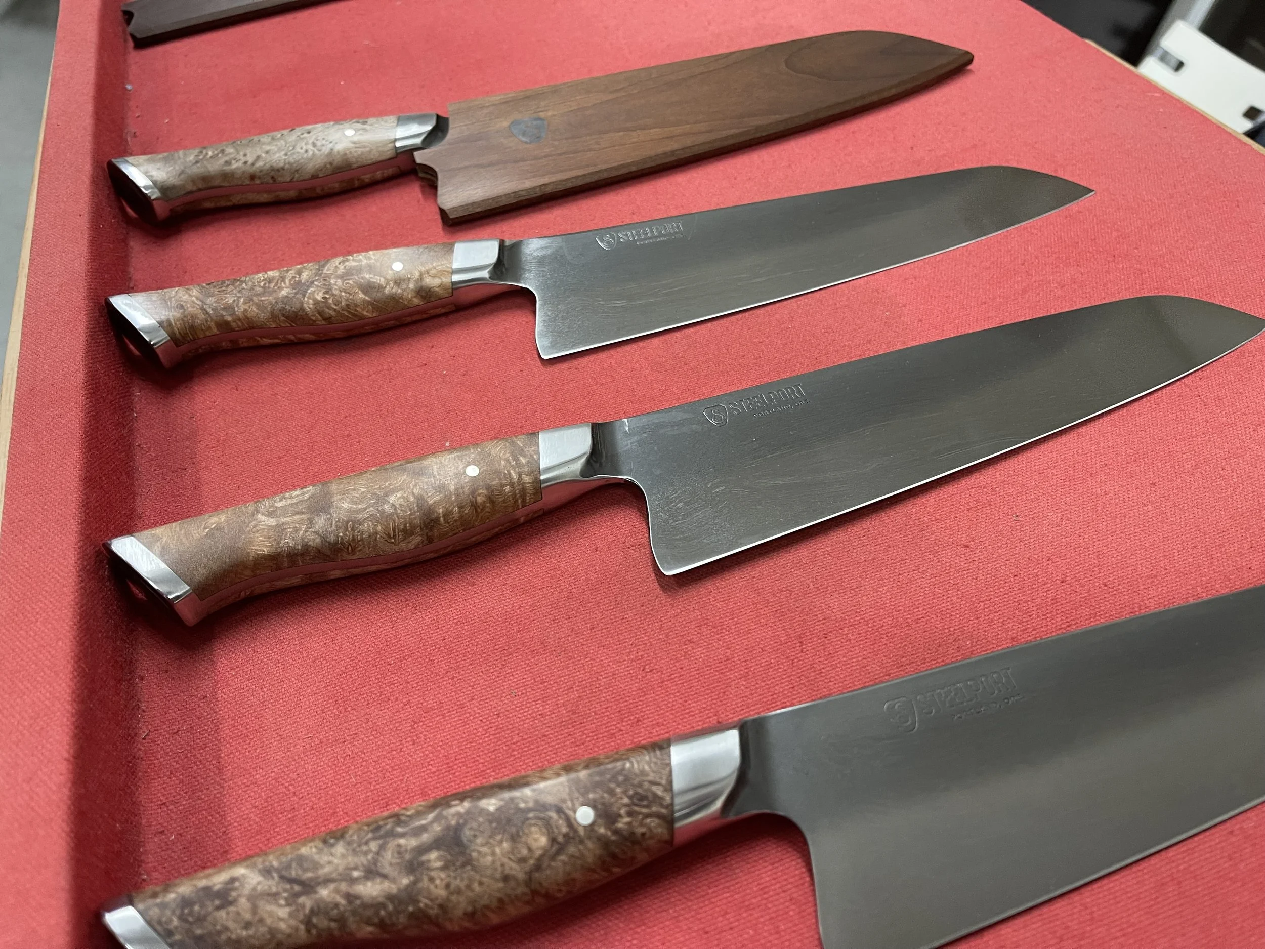  Every knife coming out of the Steelport factory in Portland, Oregon, is unique. Each locally-sourced maple handle is slightly different; each blade's application of coffee patina is a little varied vs. another. You hold in your hand a work of very functional art. Image: Dan Meyers 
