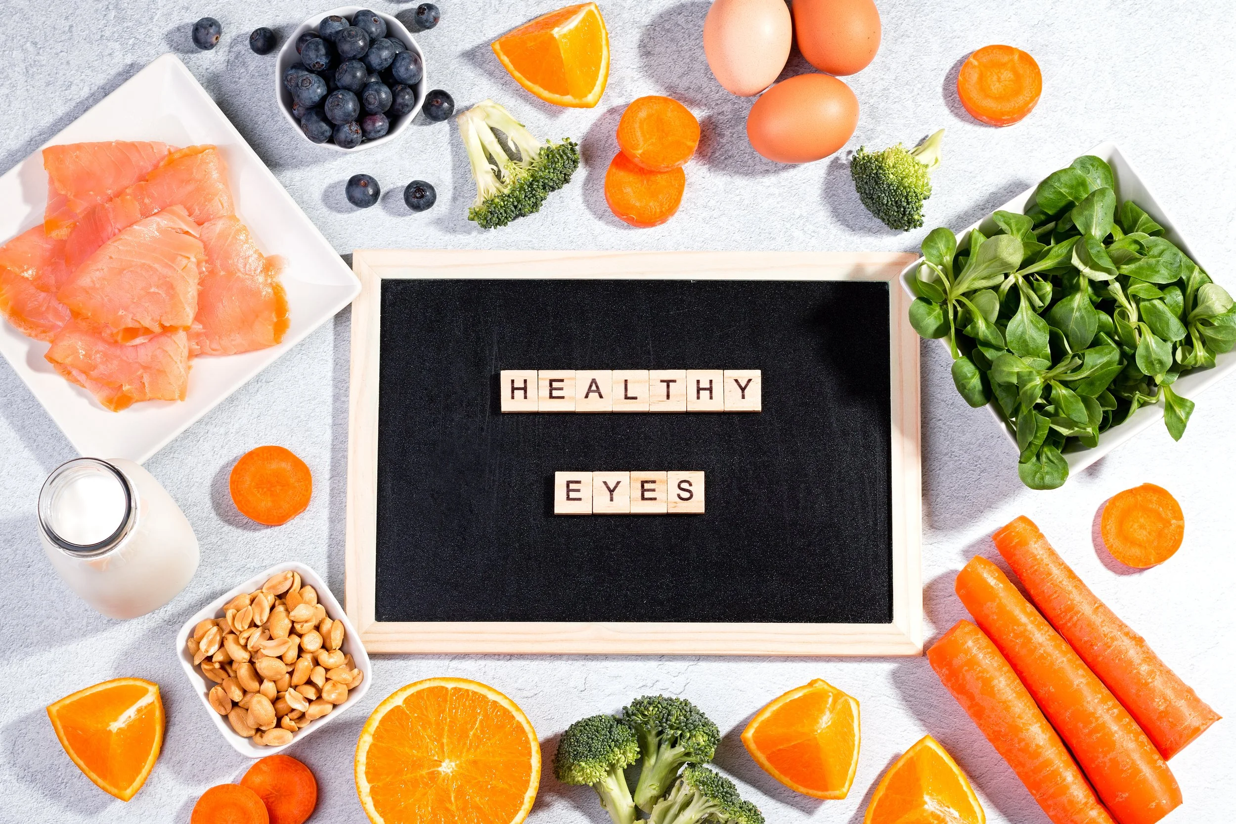 Foods such as salmon, oranges, broccoli, nuts, spinach, and blueberries are great for your eyes. Image Courtesy: Envato Elements