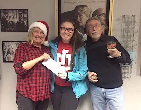 Vicki Porter (OSA President) and Gerry Sellars (Towne Cinema) presenting the second 2018 Bursary to Nelya McDowell (centre)
