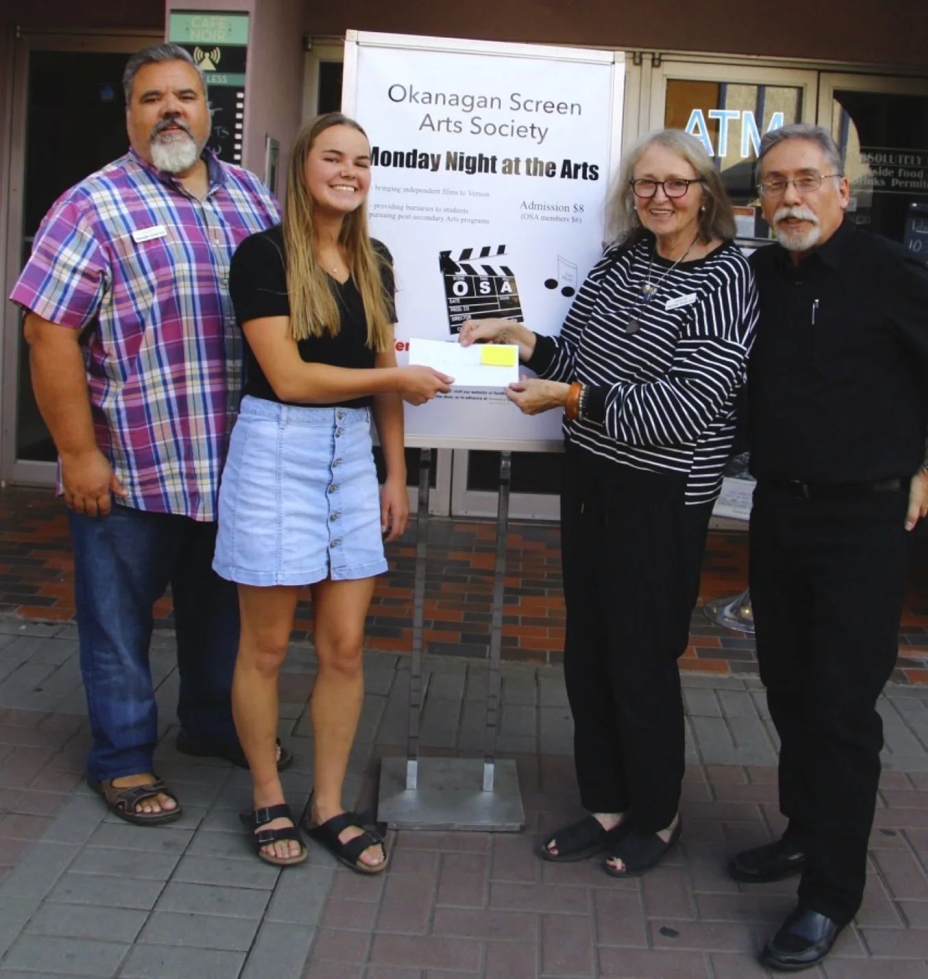 L to R: Scott John, bursary committee; Bree Vanderleest , bursary recipient; Jennifer Finlay, bursary committee; Gerry Sellars, Vernon Towne Cinema manager