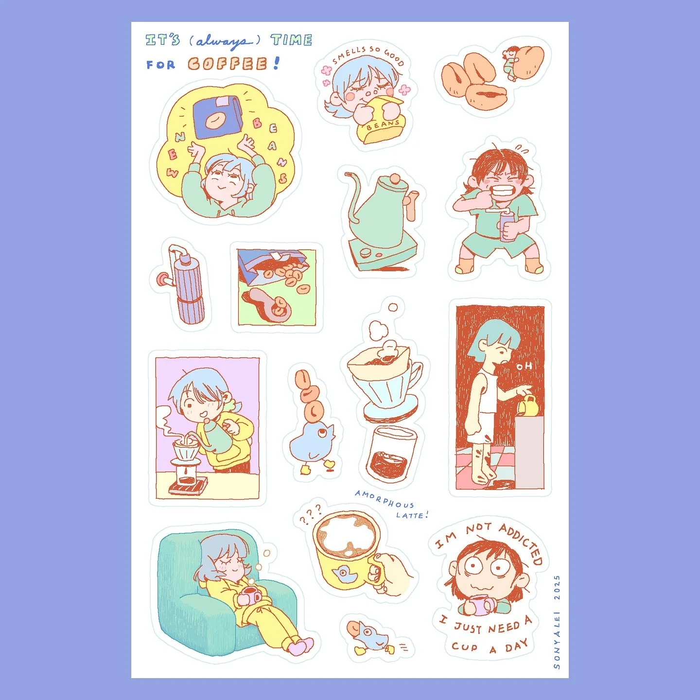 It&rsquo;s always time for coffee! ☕️ I&rsquo;ve really gotten on the coffee train in the last year and a half&hellip; but I swear I&rsquo;m not addicted&hellip;  I swear&hellip; 🫨

I&rsquo;ll have this sticker sheet when my shop (finally) opens on 