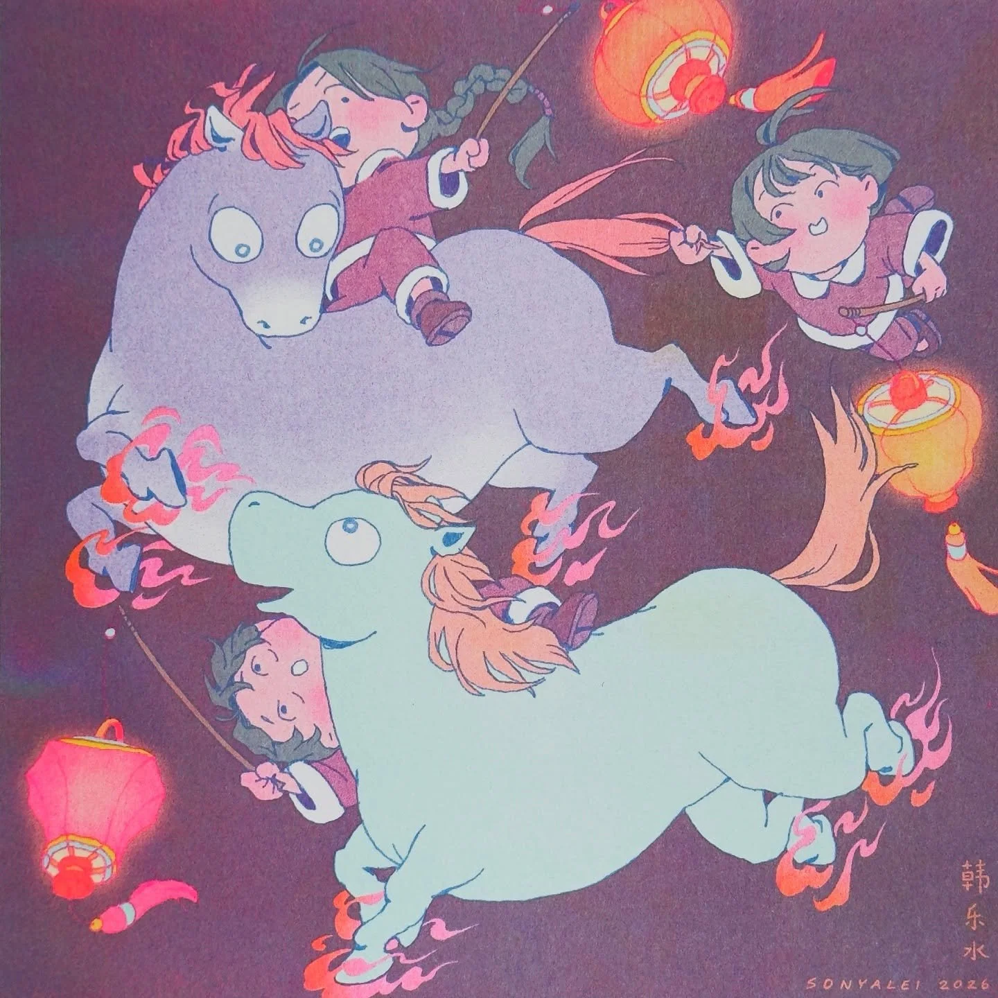 Racing towards the year of the fire horse! I recently saw a video of some short Mongolian horses, which inspired these squat guys 🐴 4 color risograph: flo pink, mint, yellow, and cornflower