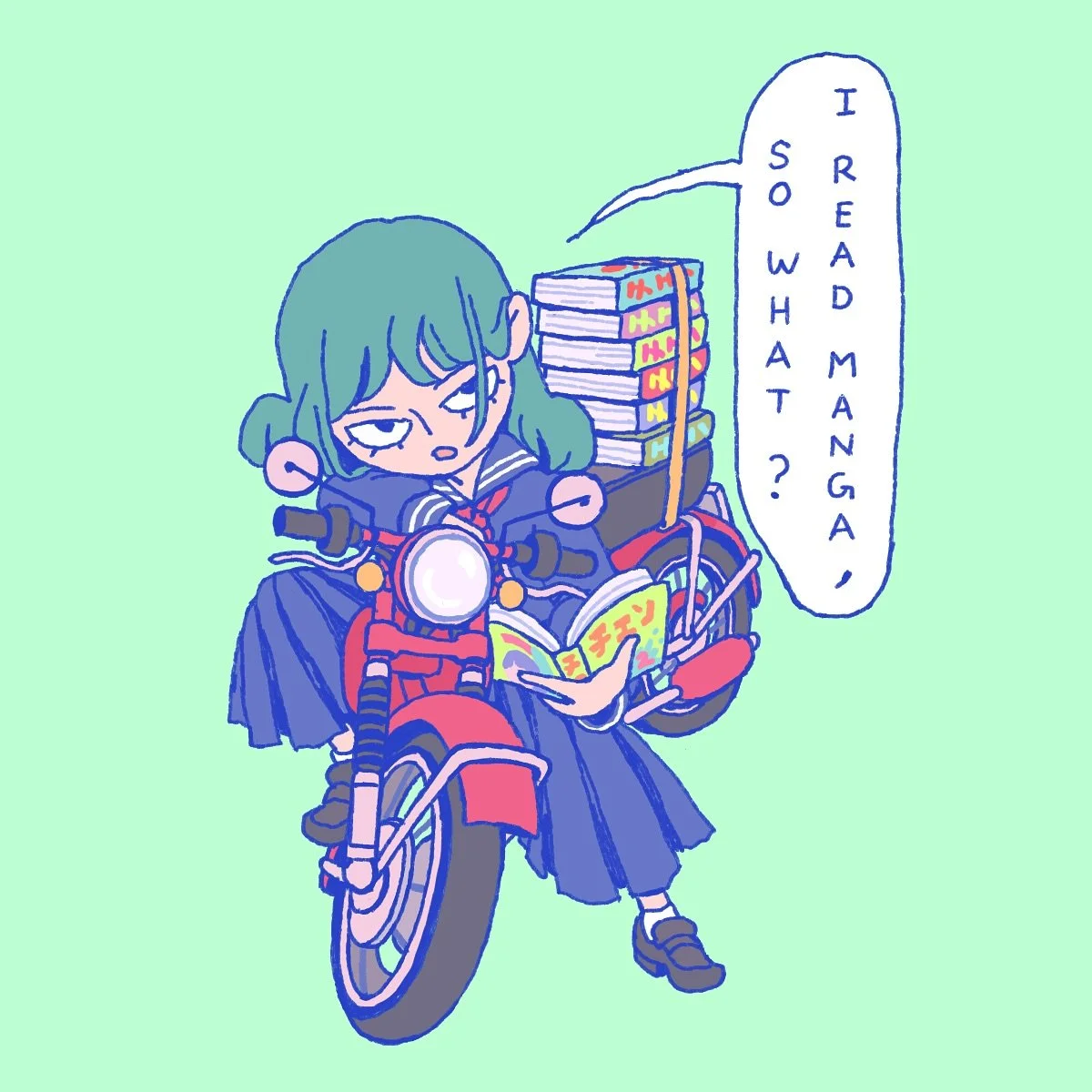 Sukeban girl catching up on her favorite series, what&rsquo;s it to ya? 📚

Honestly learned a lot from drawing this sticker design (motorcycles&hellip;) , and the biggest lesson is always warm up and always iterate. I included my 4 sketches on the s