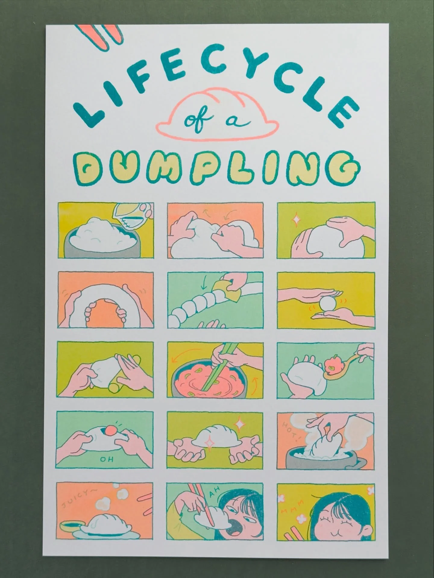 Lifecycle of a Dumpling in riso! 🥟 Now new and improved from the washi design to include making of the filling and a less elegant eating face (bc who devours dumplings demurely?) 

I&rsquo;ll have these with me hot off the press at @sunnyday_collect