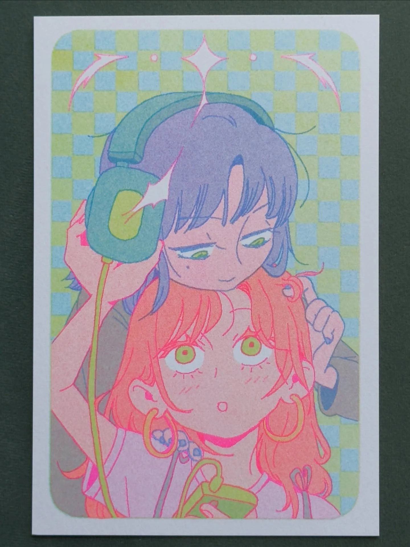 Mitsuki and Aya 💚

I like how the two separate line art colors came out! The fluorescent pink is extra bright in person, and yellow + mint make a lovely lime green. Included the original ink sketch for funsies 

4 color riso (fluo pink, yellow, mint