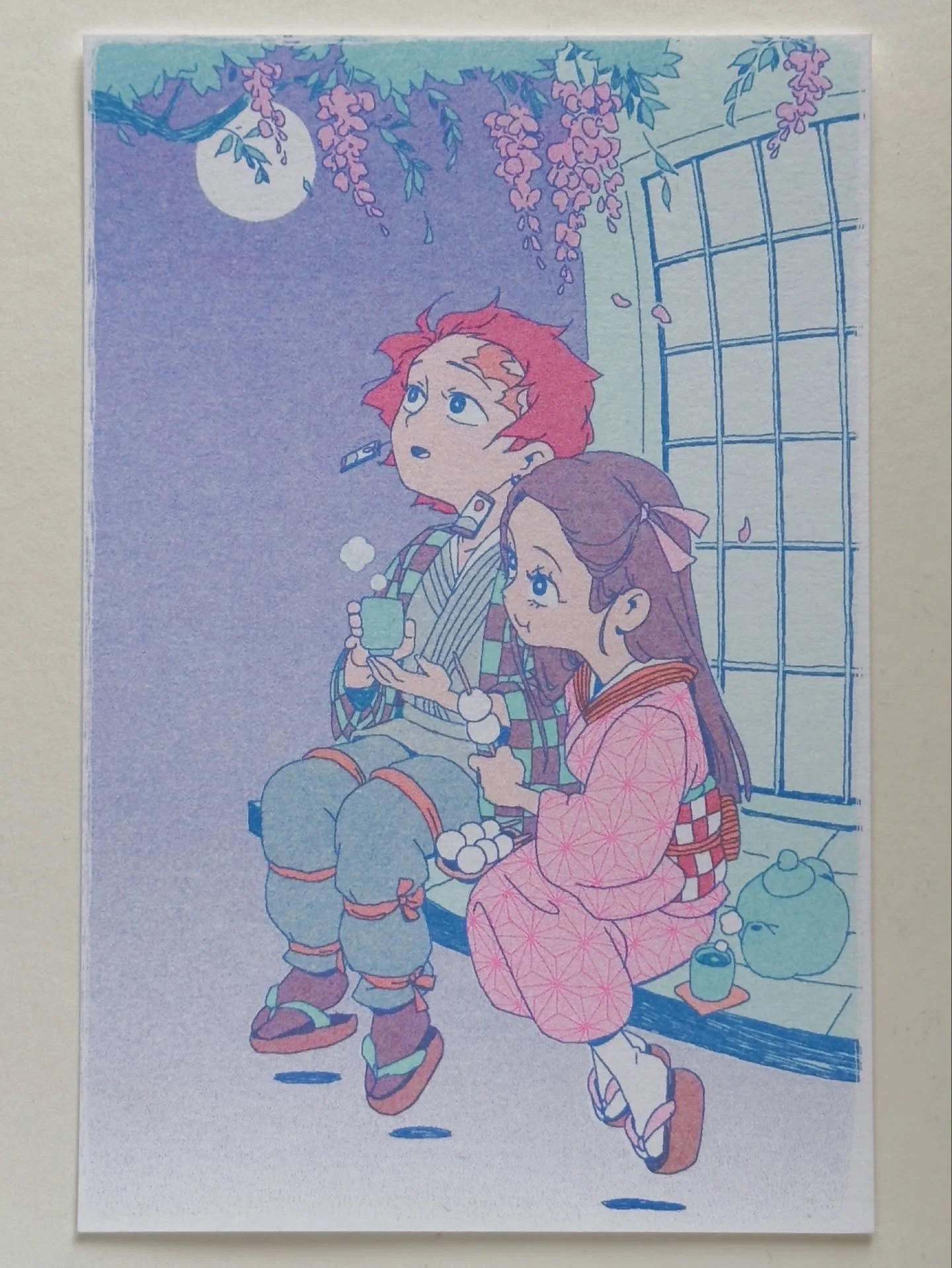 Tanjiro and Nezuko enjoying hot tea and snacks underneath the full moon 🌕

I actually drew this awhile ago but never printed it bc I couldn&rsquo;t figure out tanjiro&rsquo;s 5 head. After some time away, a quick fix was all it needed!

4 color riso