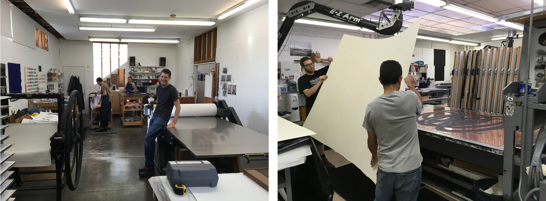 Current Gemini Printers: (right to left) Case Hudson, Amy Jo Toucey, Oliver Dewey-Gartner. Xavier Fumat, Issac Osher handle paper to print a Richard Serra intaglio.
