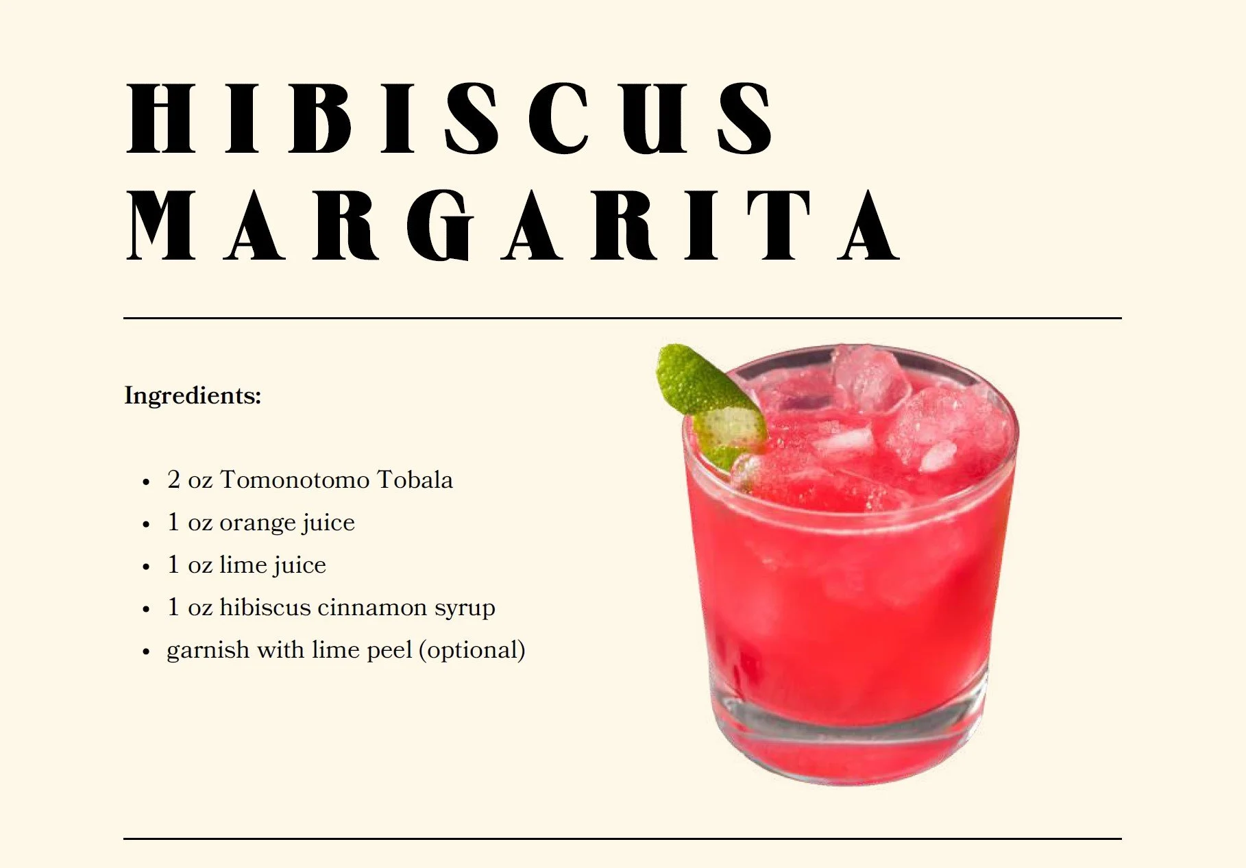 Tomonotomo TOBALÁ Spiced Hibiscus Marg Recipe card  
