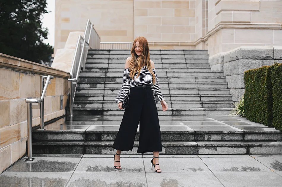 Striped Off-The-Shoulder Top and Black Culottes