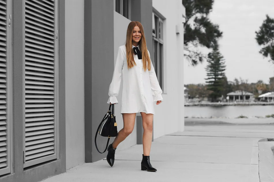 The Luxe Shirt Dress and Black Patent Booties