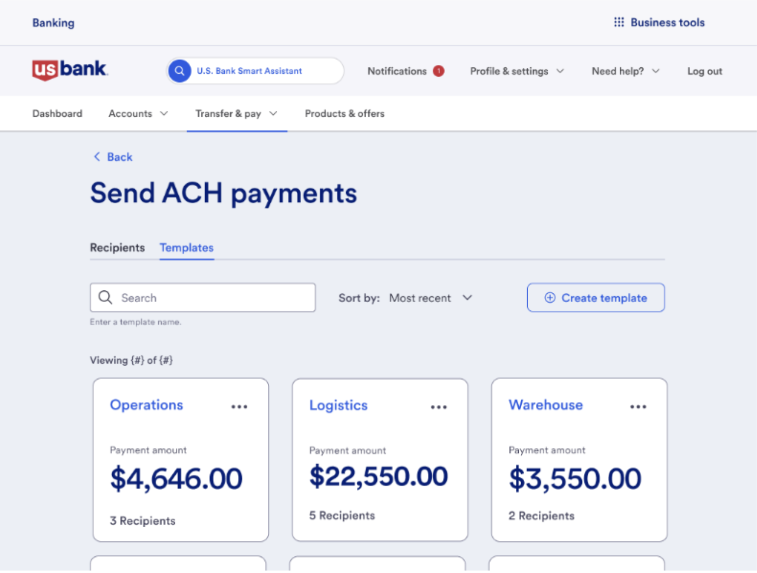 Screen shot of the "Send ACH payments" templates page, listing 3 templates with amounts and number of recipients.