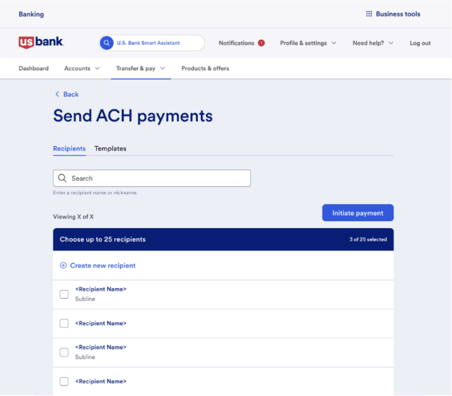 Screen shot of the "Send ACH payments" recipients page, listing saved recipients and a search box.