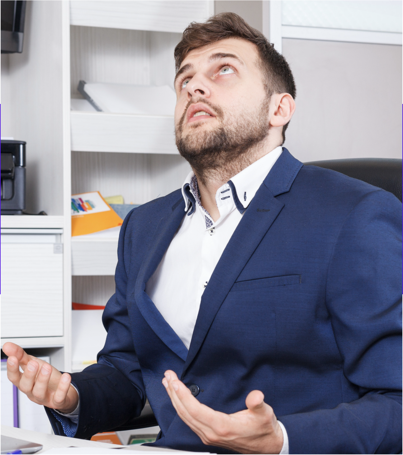 A sales rep gesturing with their hands and looking upwards, appearing frustrated or confused.