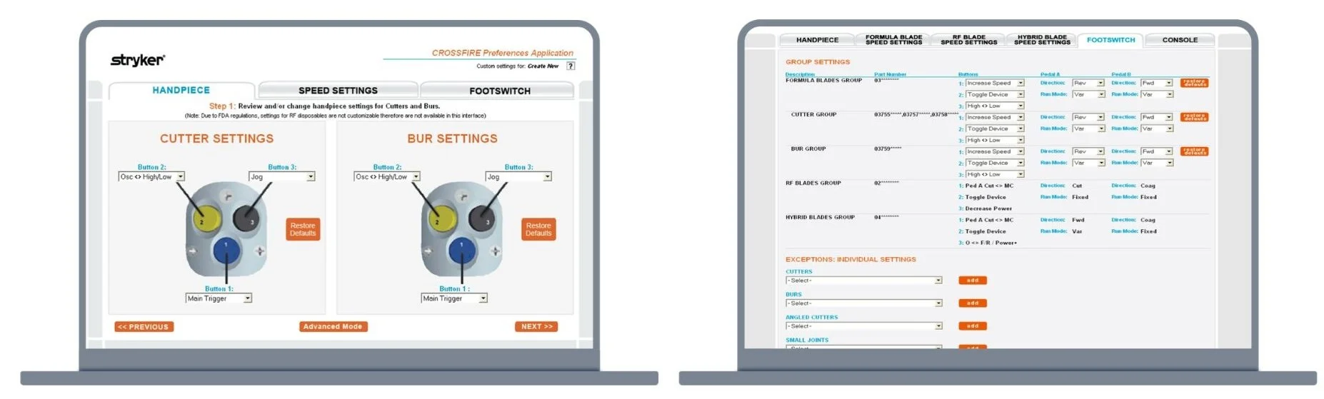 Stryker Crossfire UI showing the basic customizable cutter and bur settings (Left).  "Advanced Mode" granular configuration, demonstrating a tiered user experience design (Right)