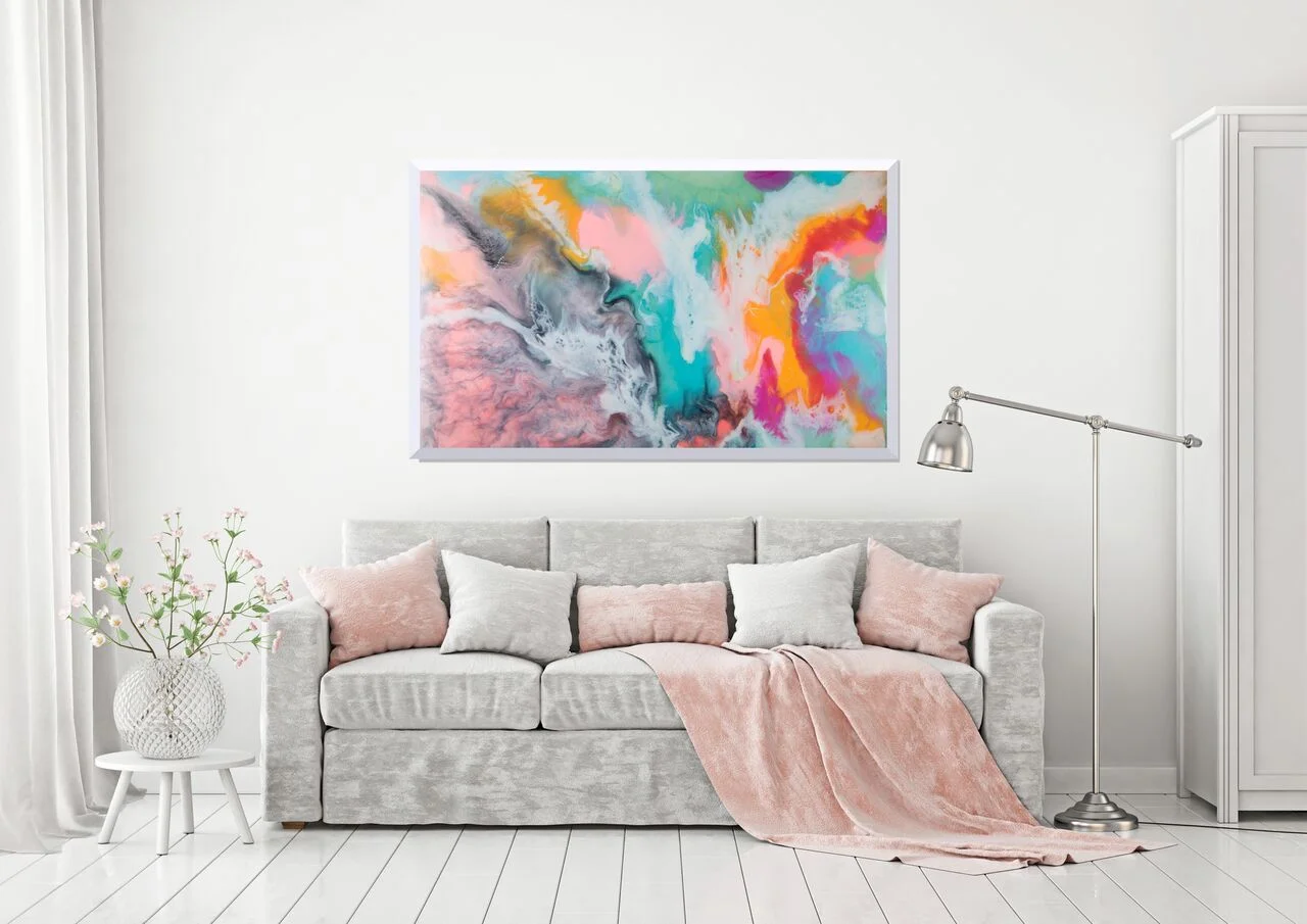 Limited edition large colorful abstract print with pink blue orange to add a pop of color to your room