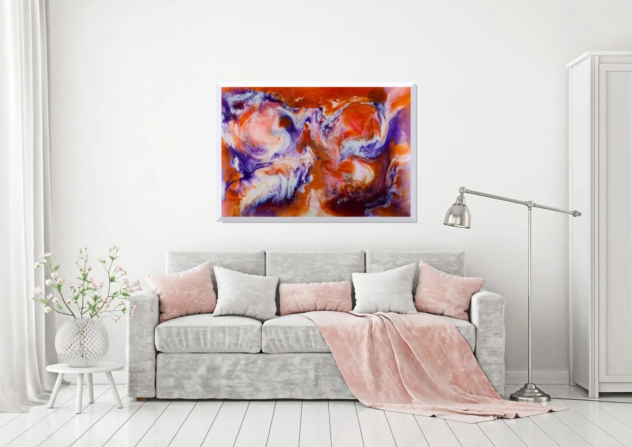 Limited edition large abstract print with orange and purple to add a pop of color to your room