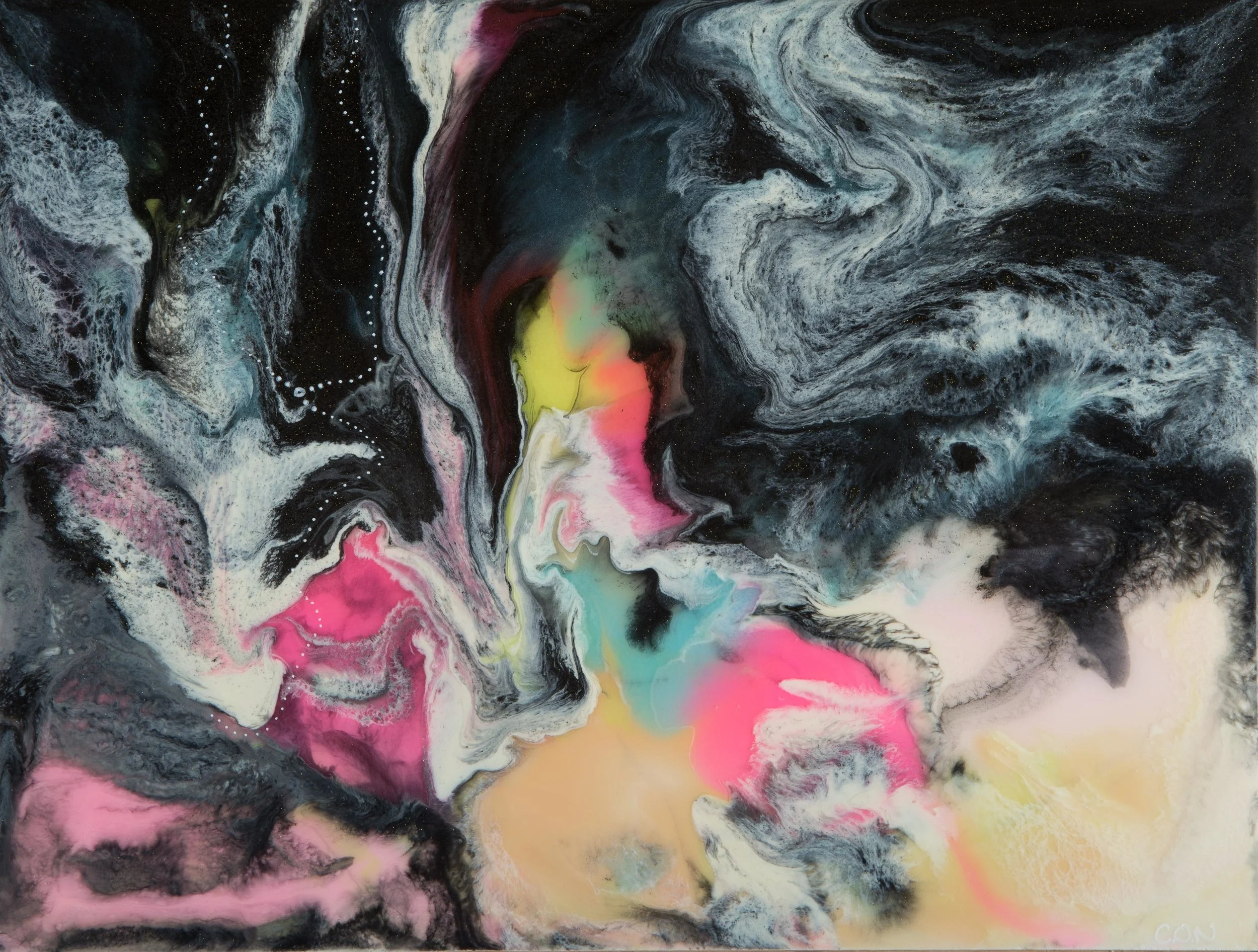 Moody dark art with a pop of swirling colour