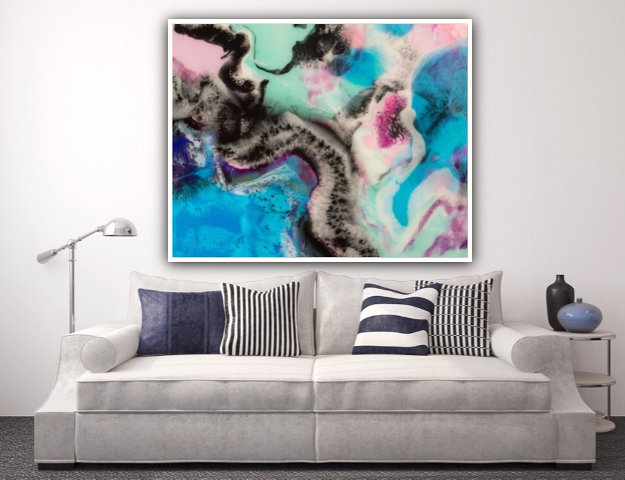 Limited edition vivid large wall art print with pops of blues and soft pastel colours