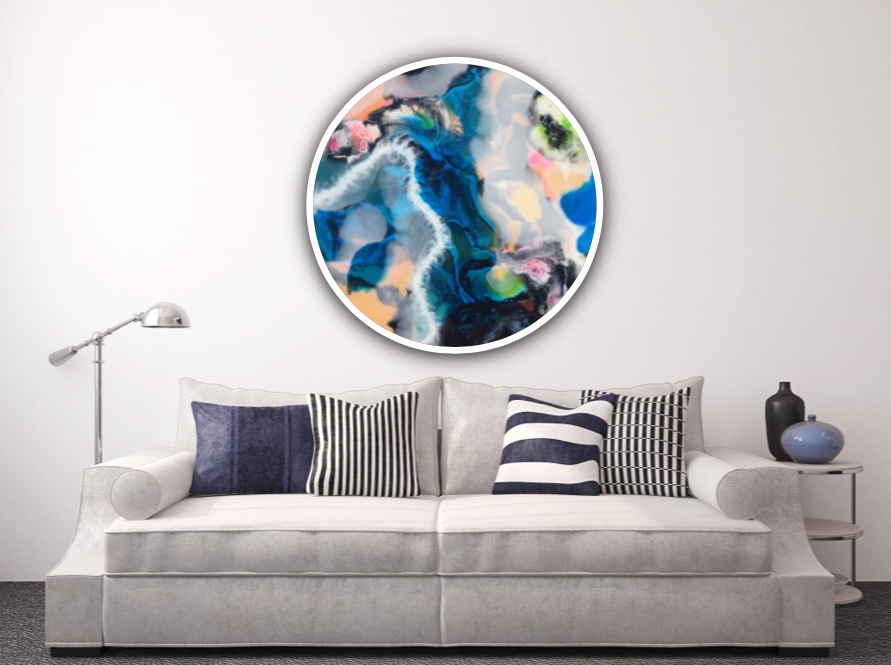 Original round resin wall art with blues and pops of colour