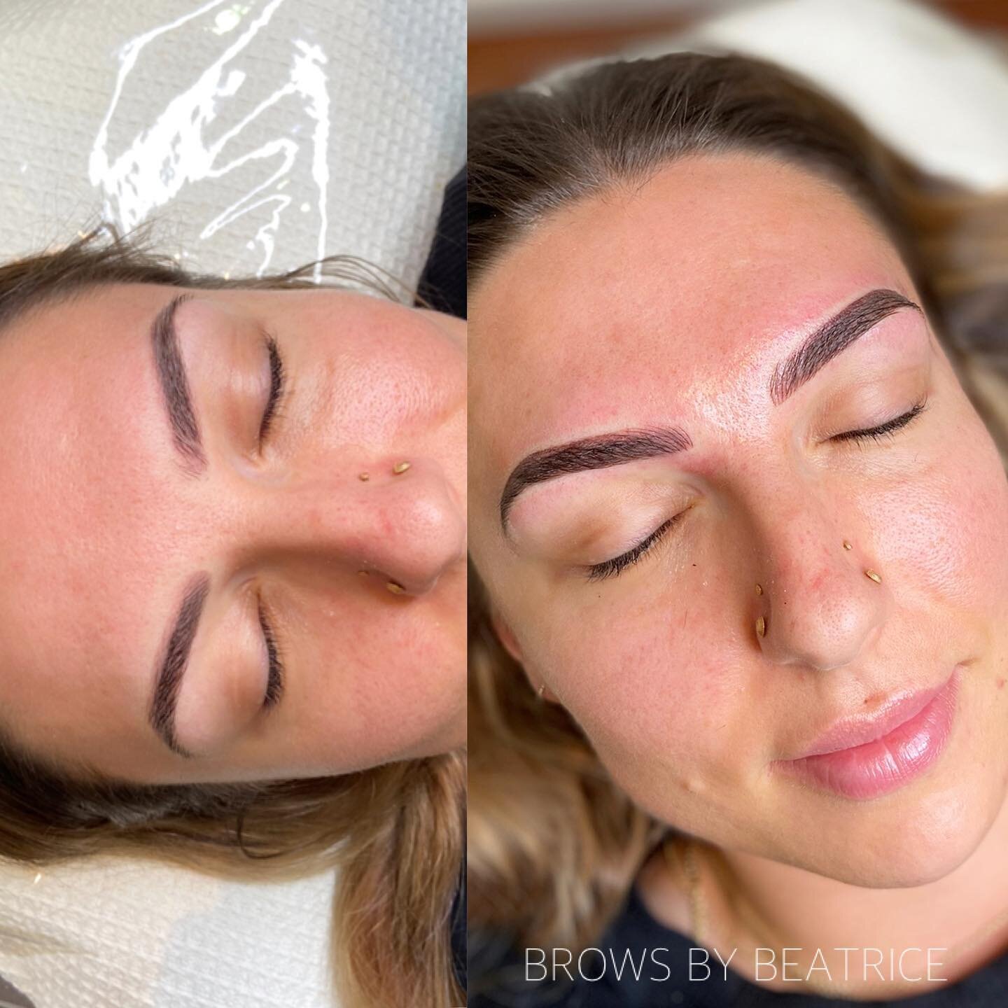 COMBINATION BROWS ✨💓 this was a colour correction + cover up of a faded brow tattoo done elsewhere. 

Are goal was to cover the redness of the previous brow tattoo (visible above the brow) and even out the shape at the front. 

This will require two