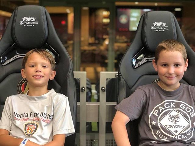 Checking out the player&rsquo;s bench seating during Scout Day at Mercedes-Benz Stadium. #atlscouts